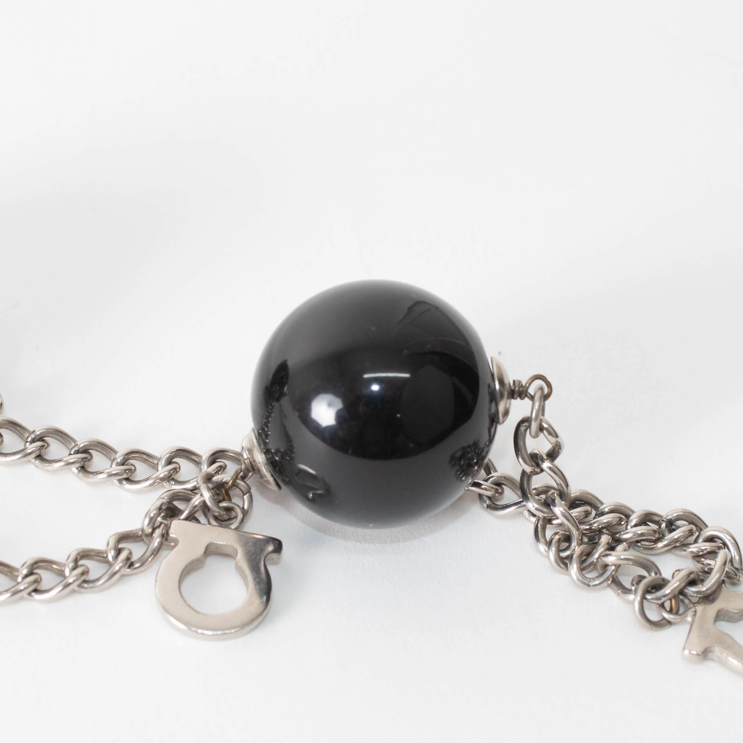 Salvatore Ferragamo Sliver Black Large Faux Pearl Chain Necklace - Image 3