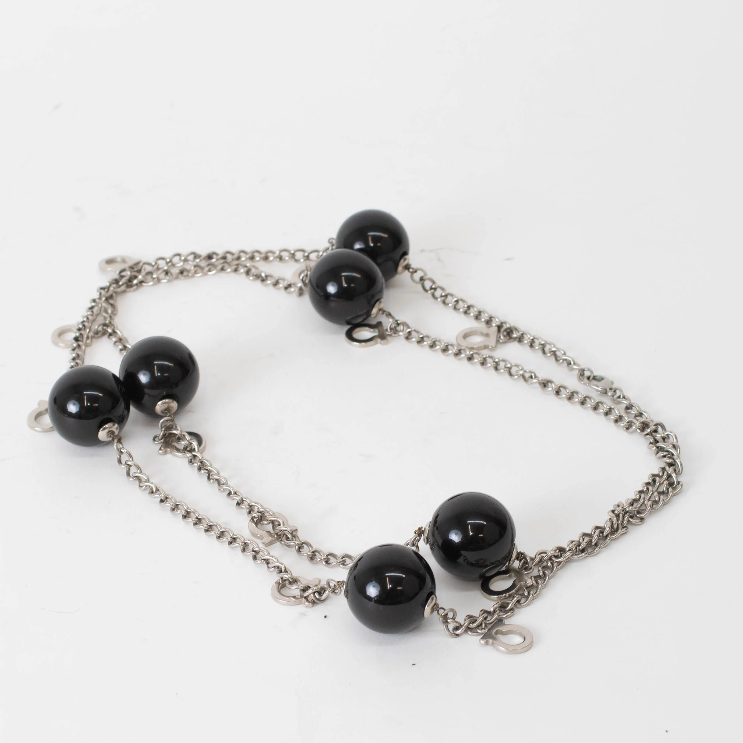 Salvatore Ferragamo Sliver Black Large Faux Pearl Chain Necklace - Image 5