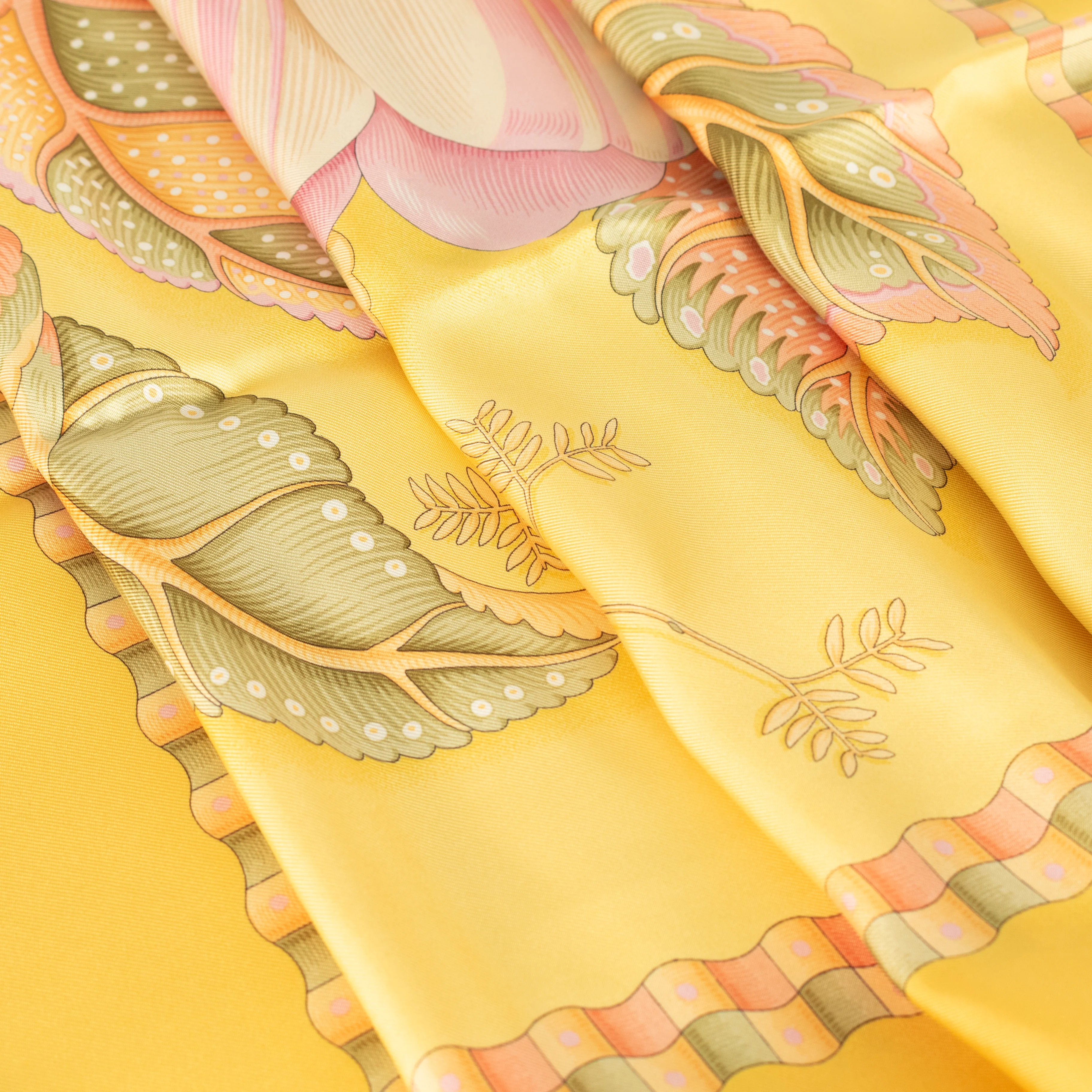 Salvatore Ferragamo Yellow With Pink Flower Print Silk Scarf - Image 11