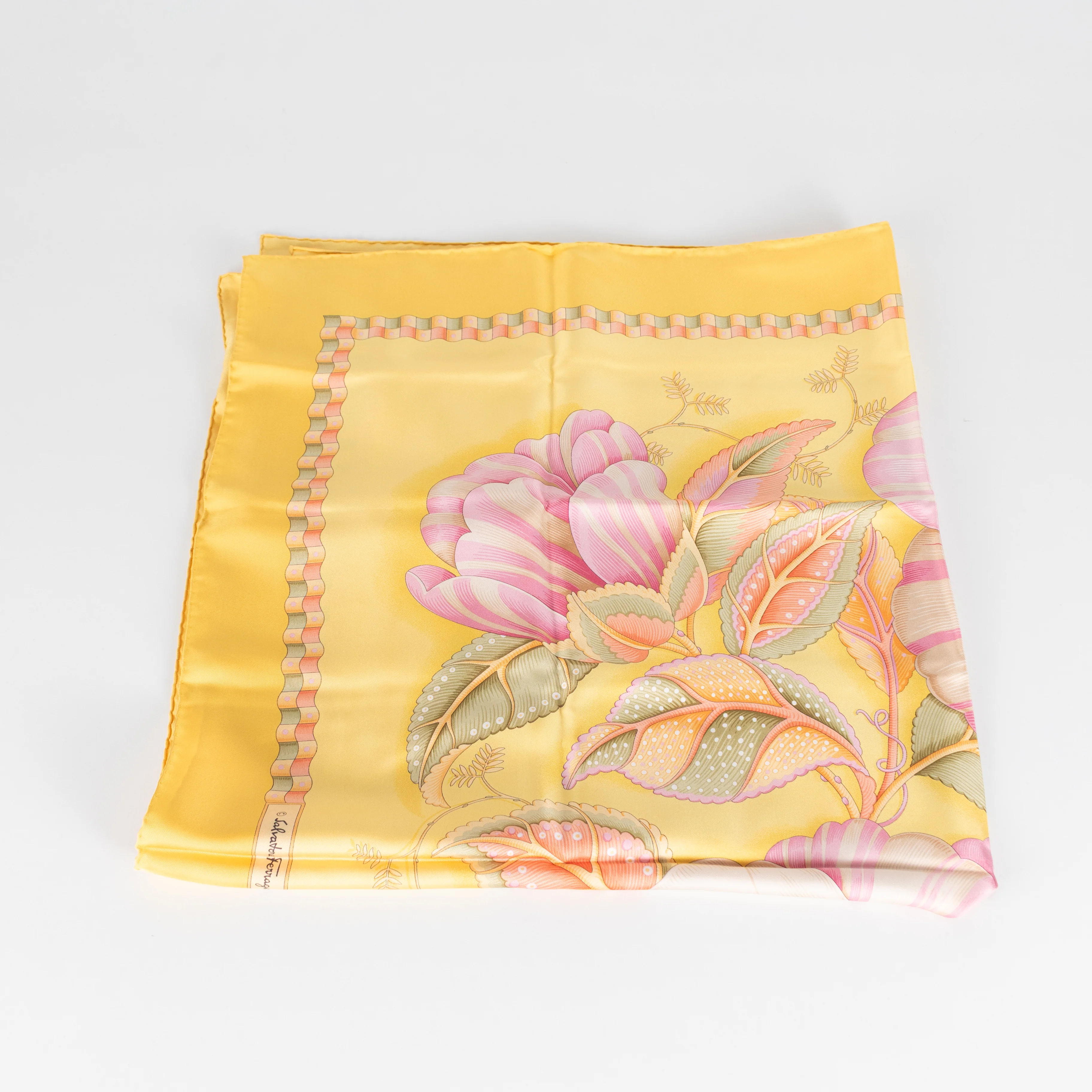 Salvatore Ferragamo Yellow With Pink Flower Print Silk Scarf - Image 3