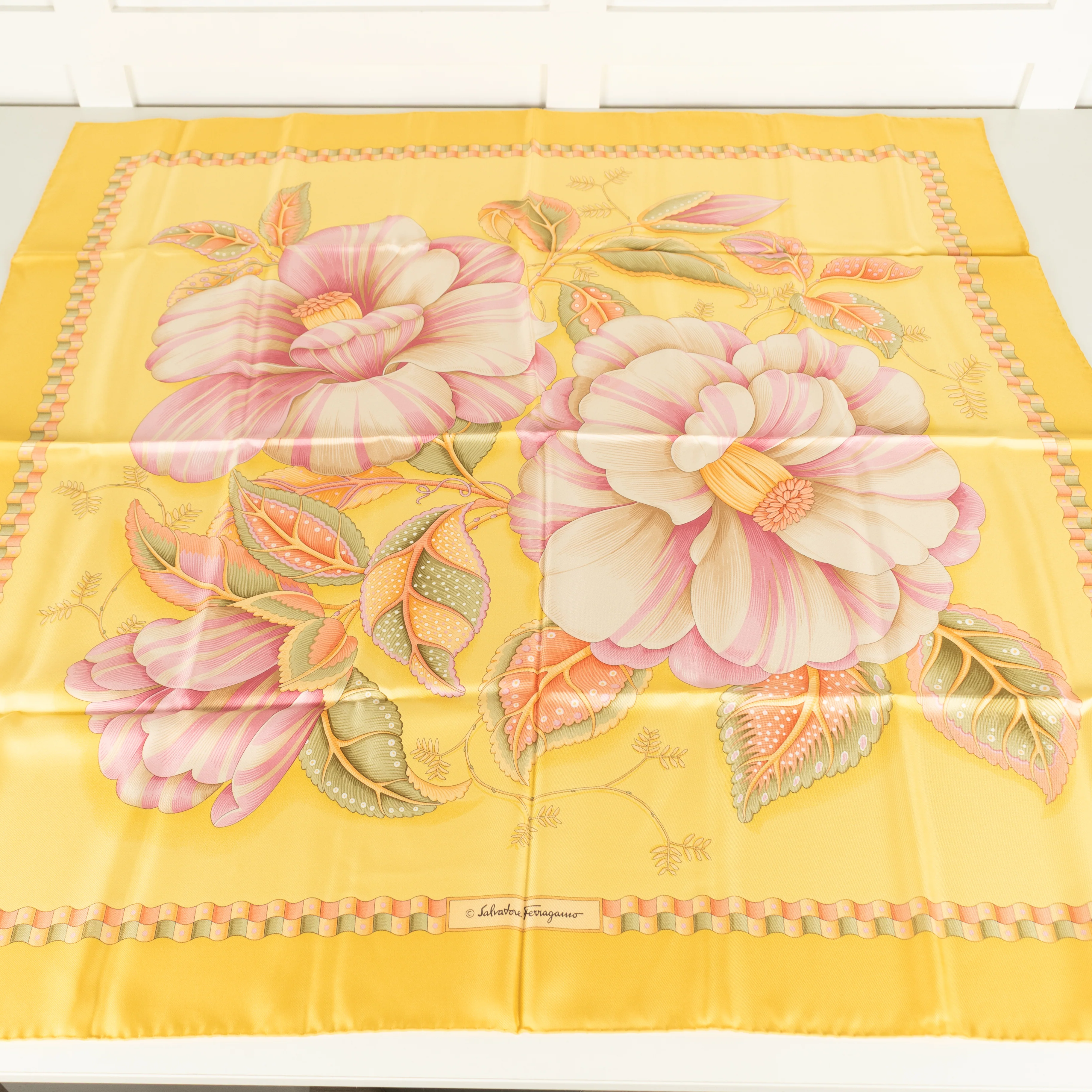 Salvatore Ferragamo Yellow With Pink Flower Print Silk Scarf - Image 4