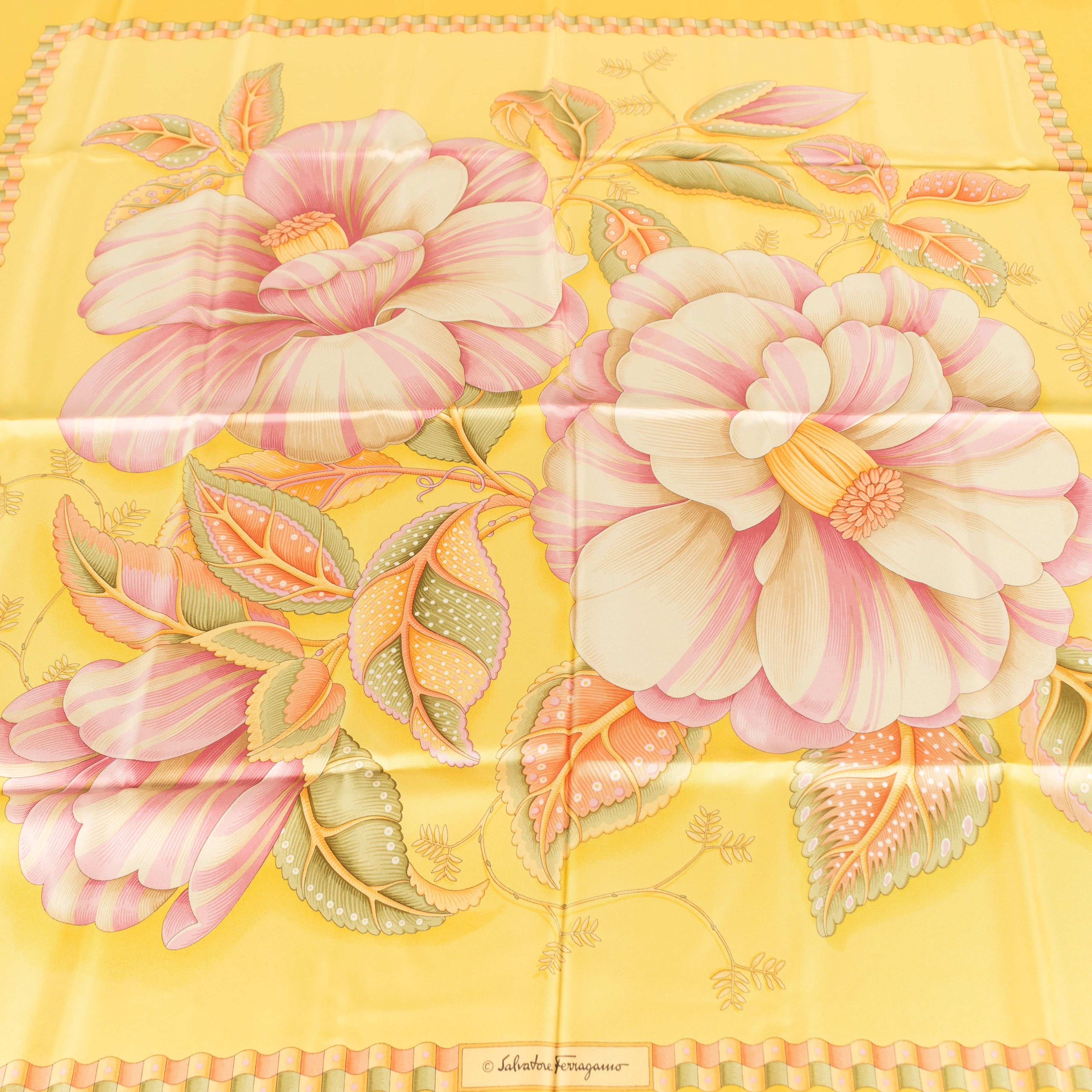 Salvatore Ferragamo Yellow With Pink Flower Print Silk Scarf - Image 5