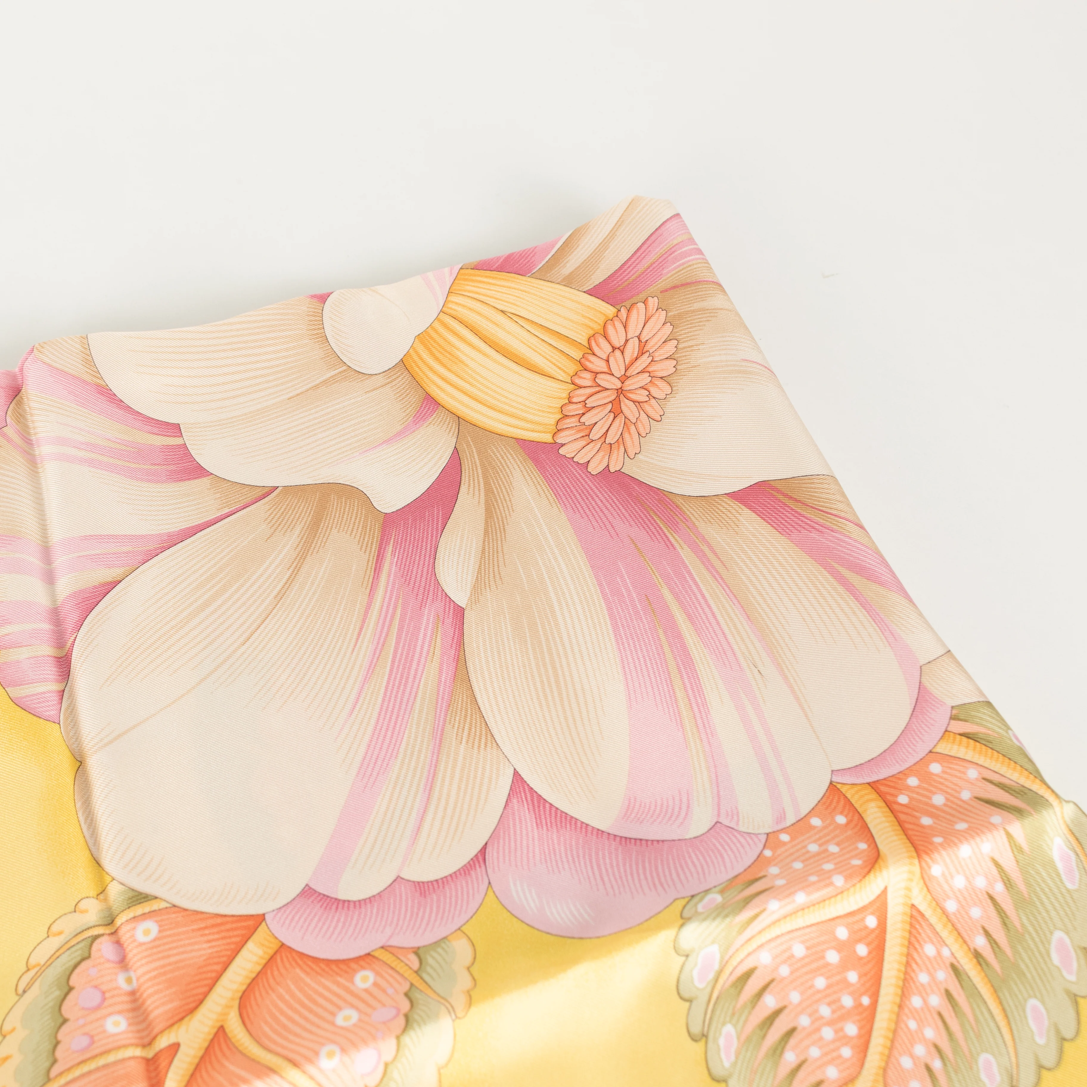 Salvatore Ferragamo Yellow With Pink Flower Print Silk Scarf - Image 9