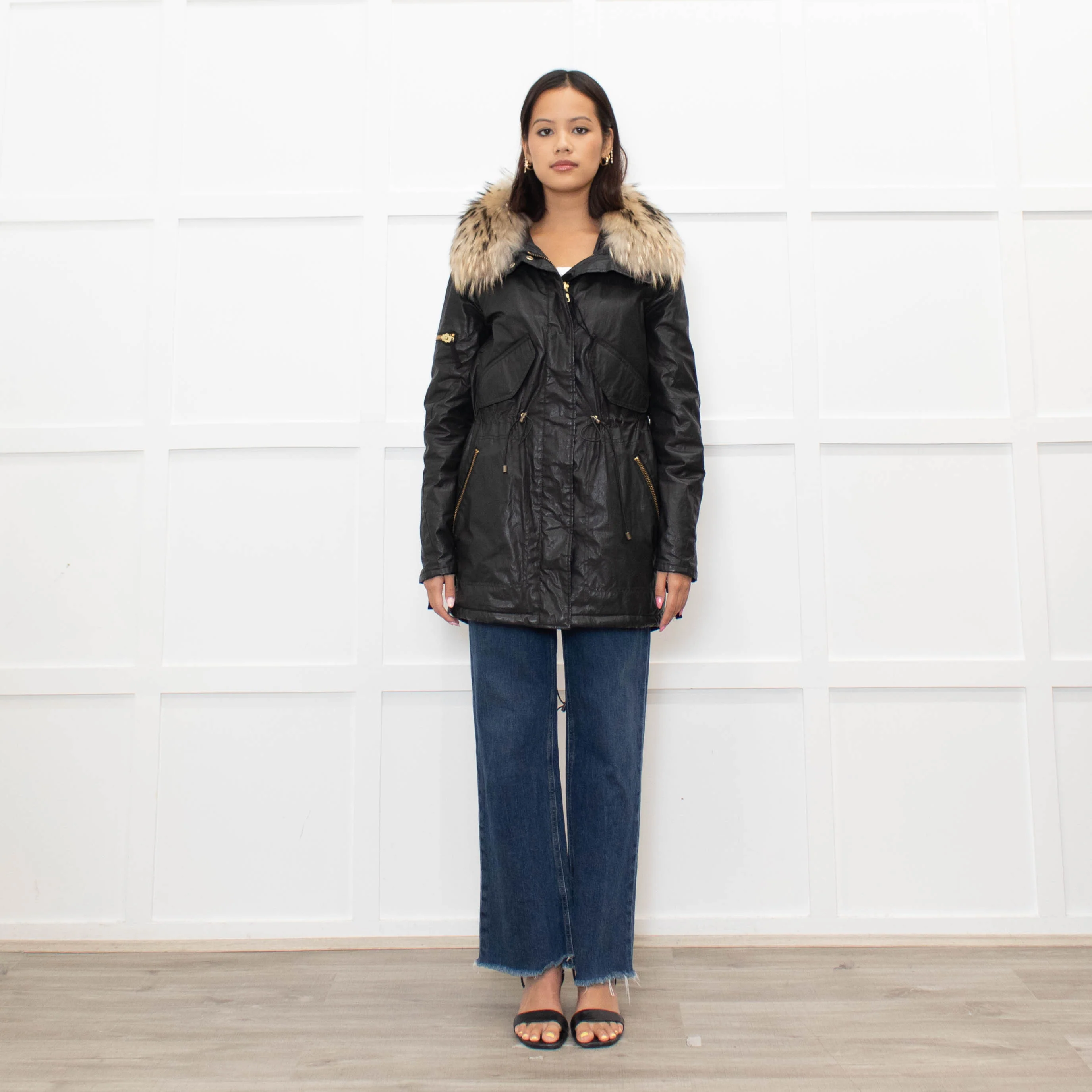 Sam Black Shiny Fabric Gold Zip Fur Collar Parka