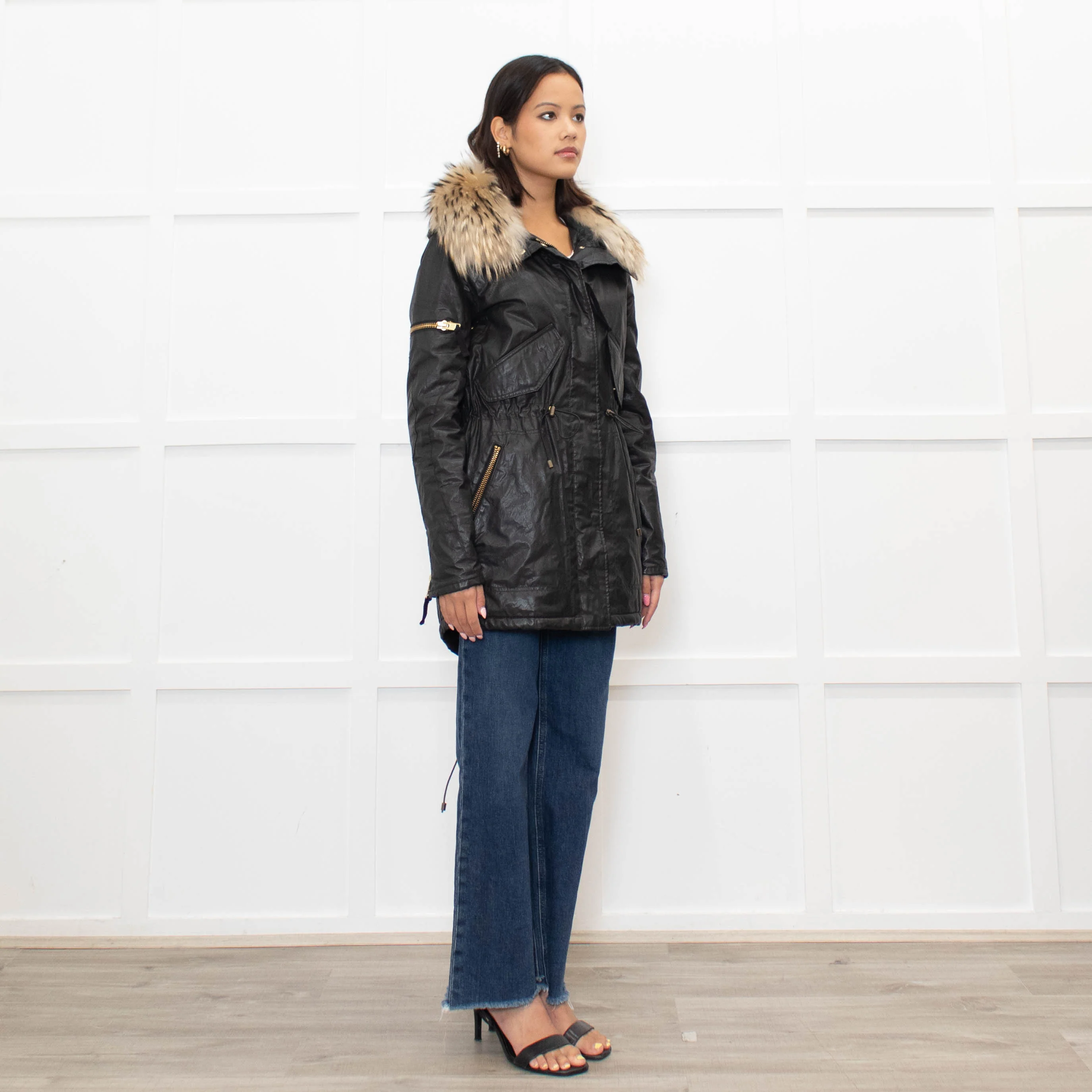 Sam Black Shiny Fabric Gold Zip Fur Collar Parka - Image 3