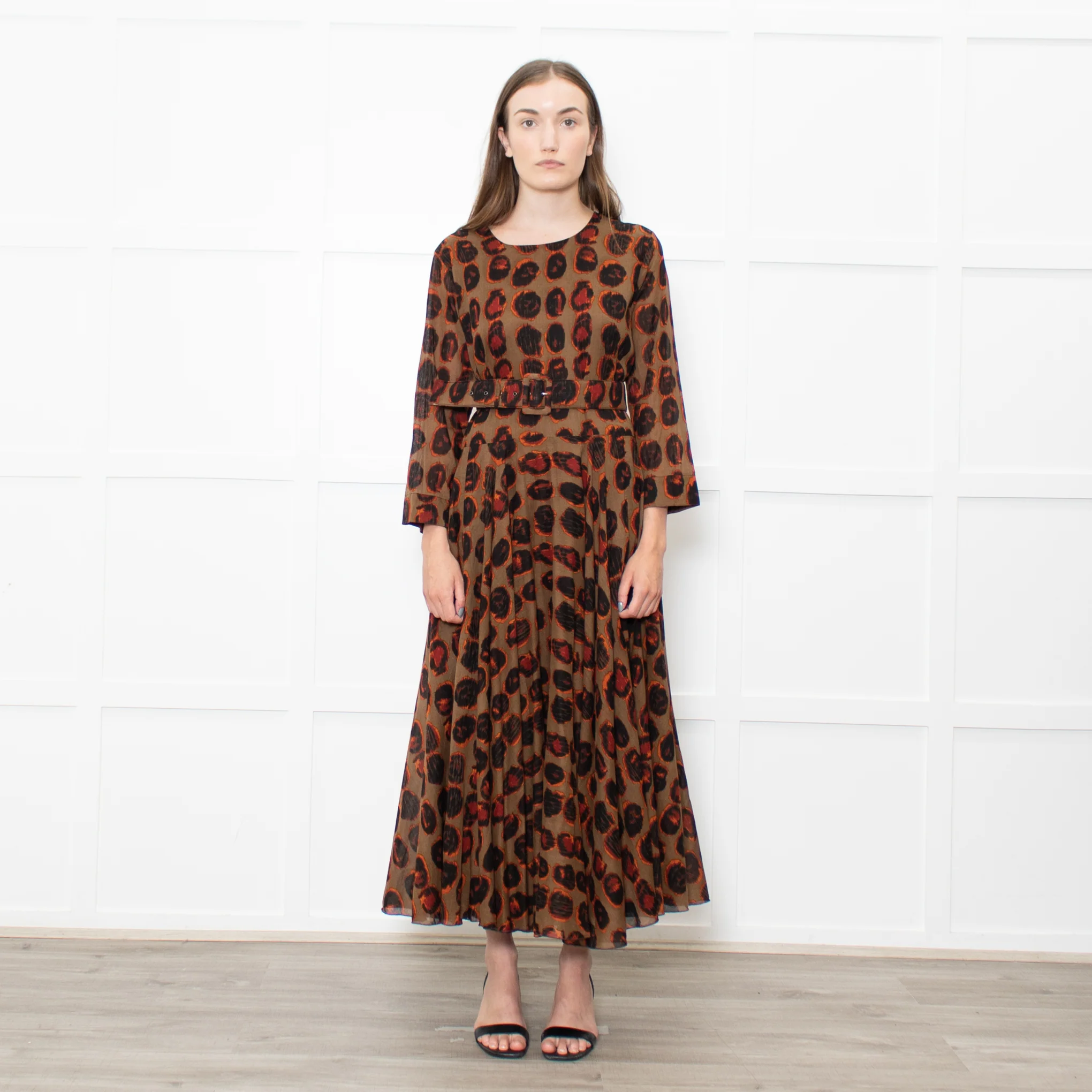 Samantha Sung Brown Animal Print Fit And Flare Belted Dress