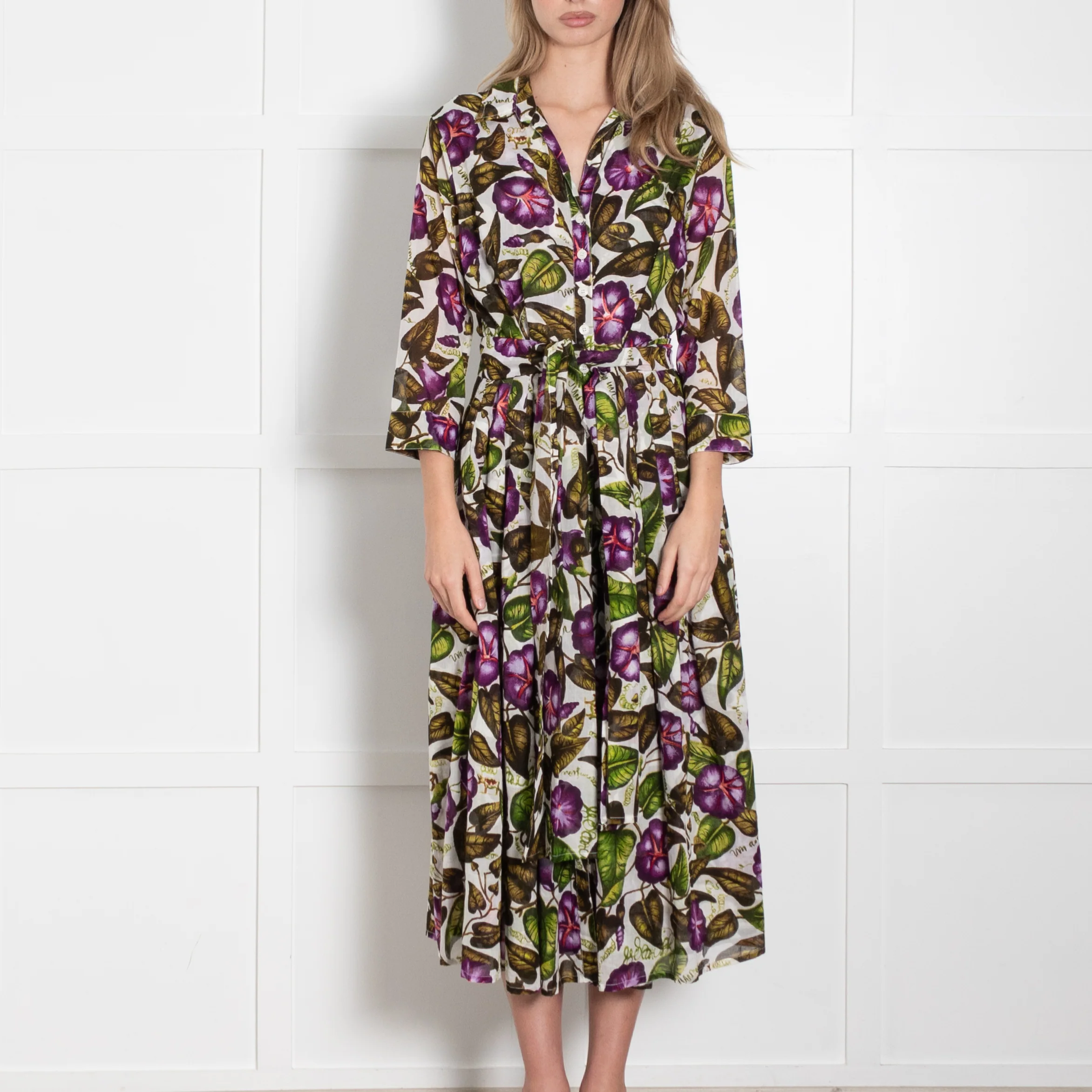 Samantha Sung White Green Purple Floral Cotton Belted Midi Dress - Image 2
