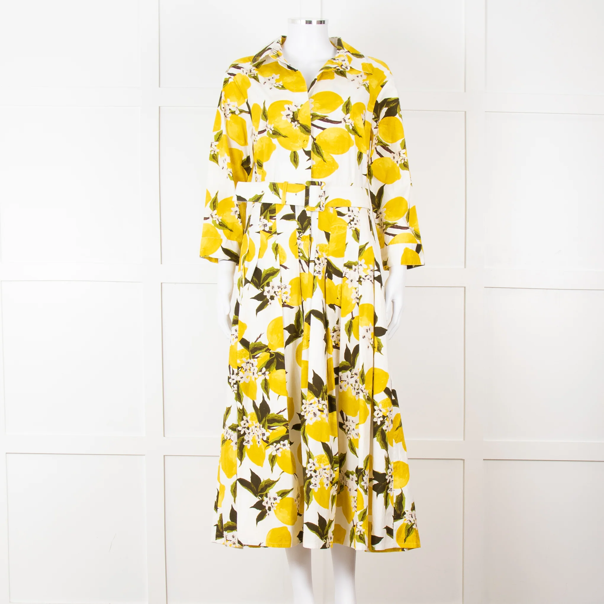 Samantha Sung White Yellow Lemon Print Cotton Belted Dress