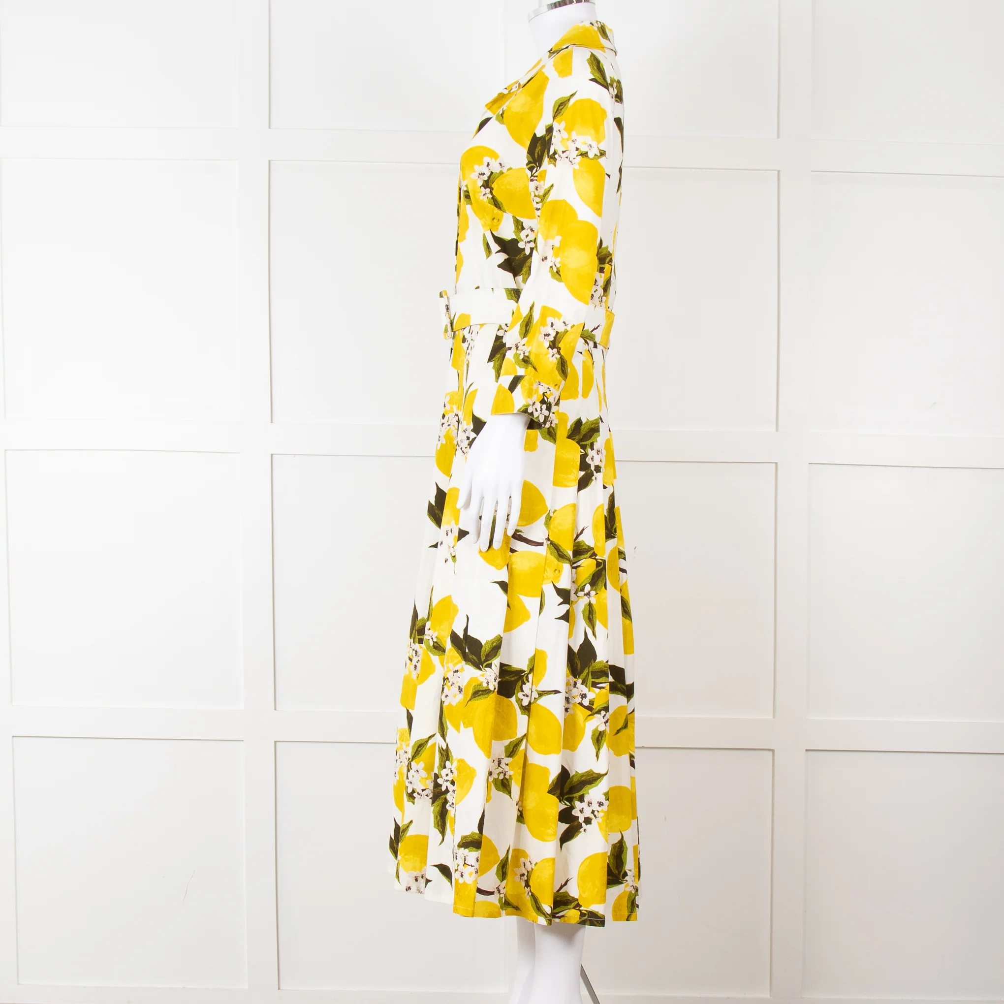 Samantha Sung White Yellow Lemon Print Cotton Belted Dress - Image 3