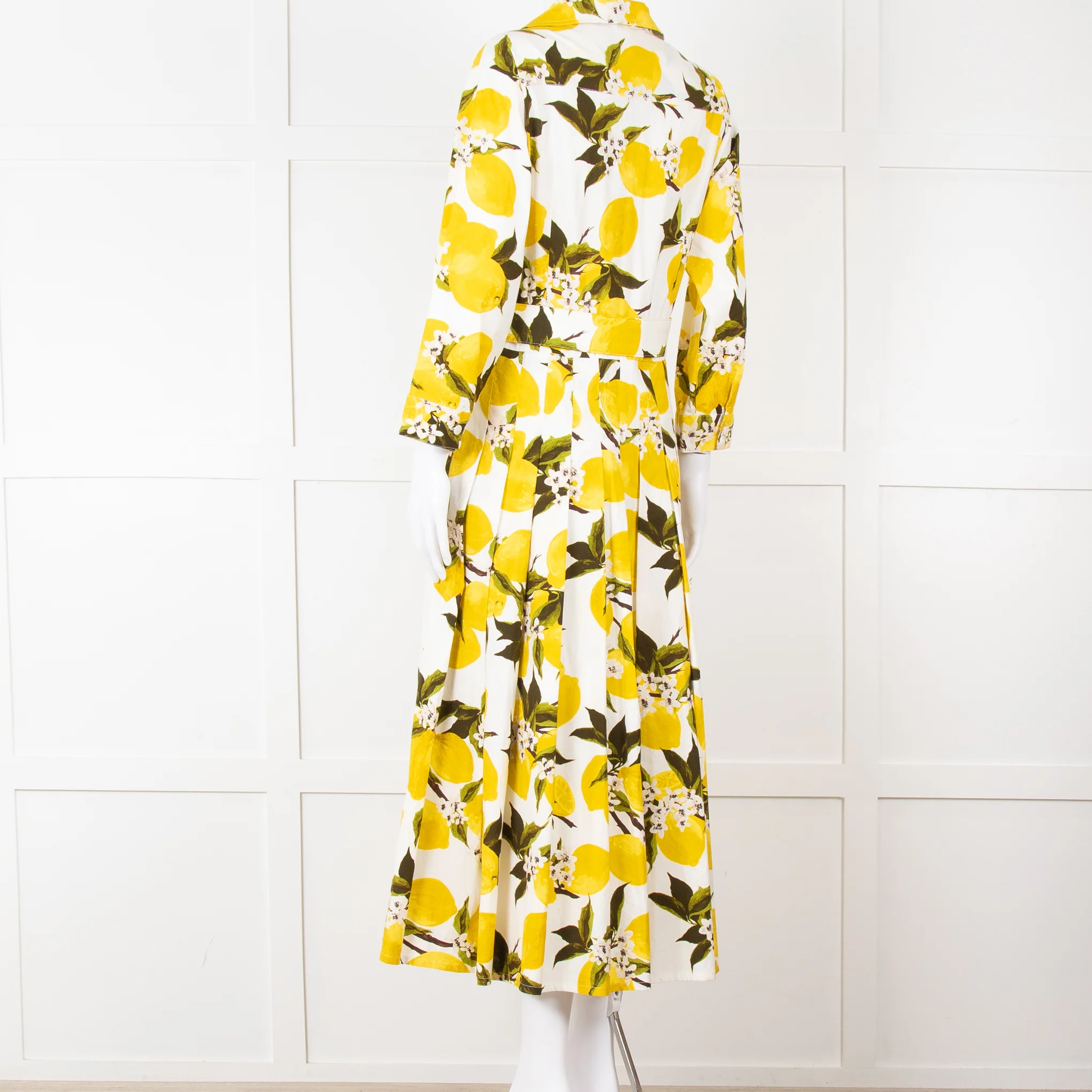 Samantha Sung White Yellow Lemon Print Cotton Belted Dress - Image 4