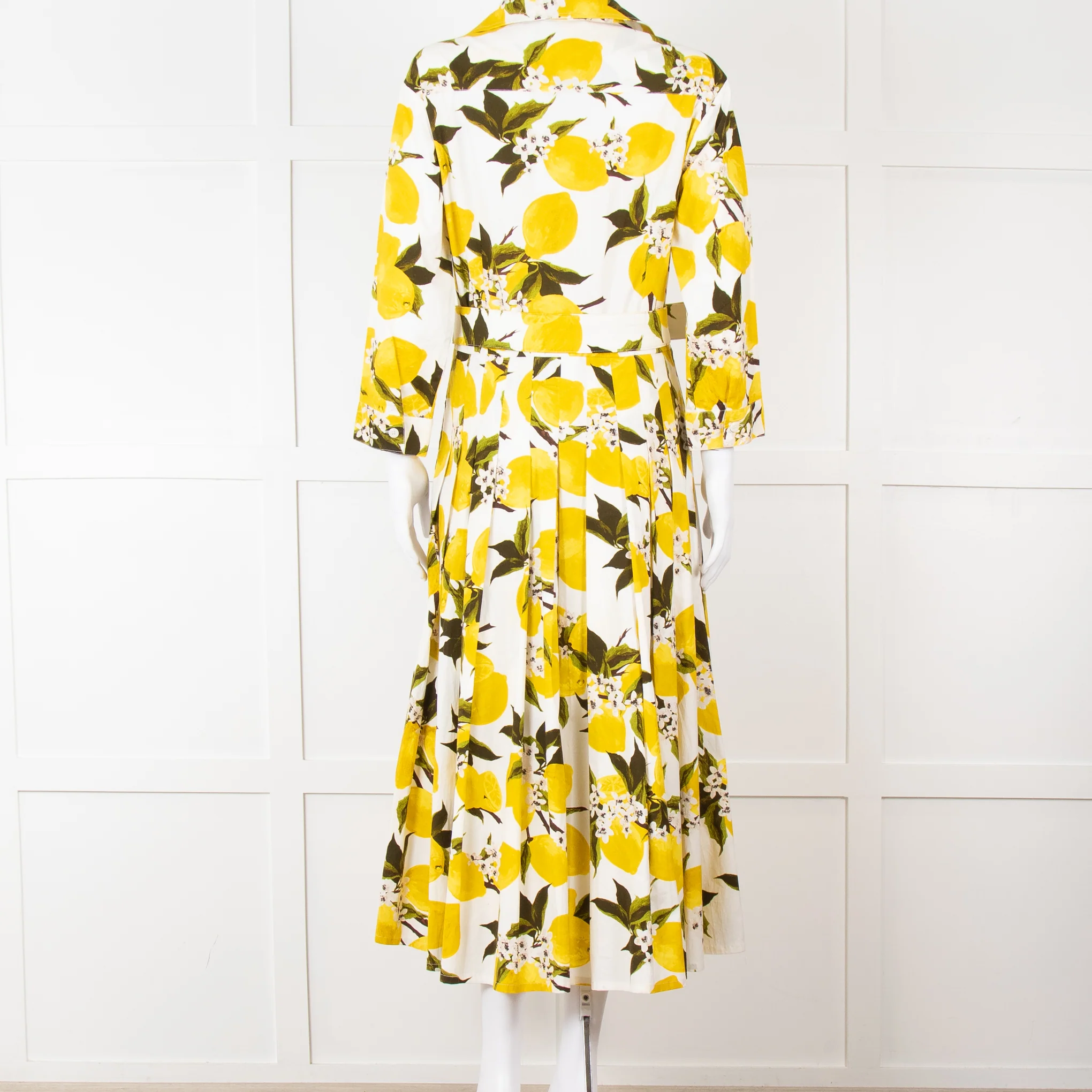 Samantha Sung White Yellow Lemon Print Cotton Belted Dress - Image 5