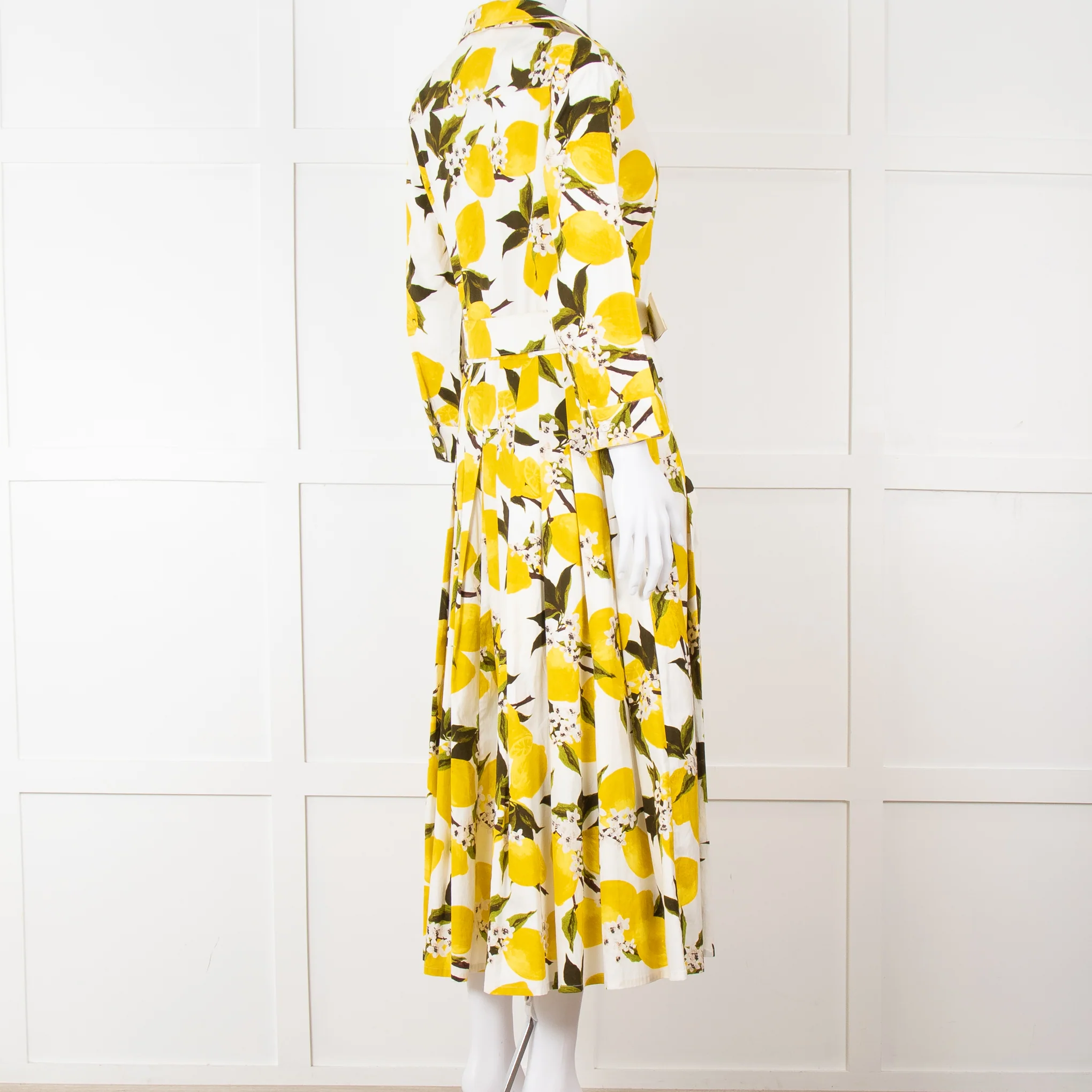 Samantha Sung White Yellow Lemon Print Cotton Belted Dress - Image 6