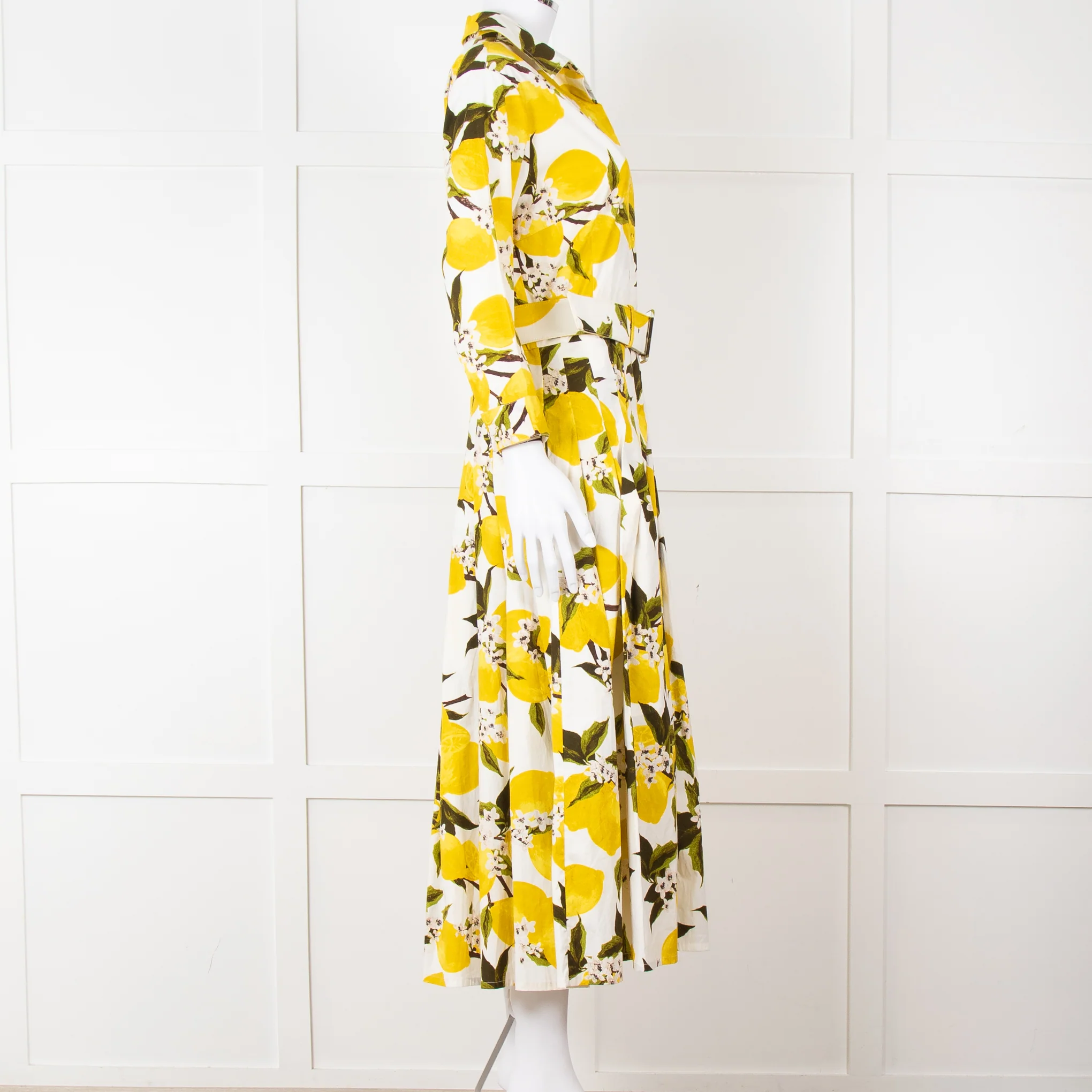 Samantha Sung White Yellow Lemon Print Cotton Belted Dress - Image 7