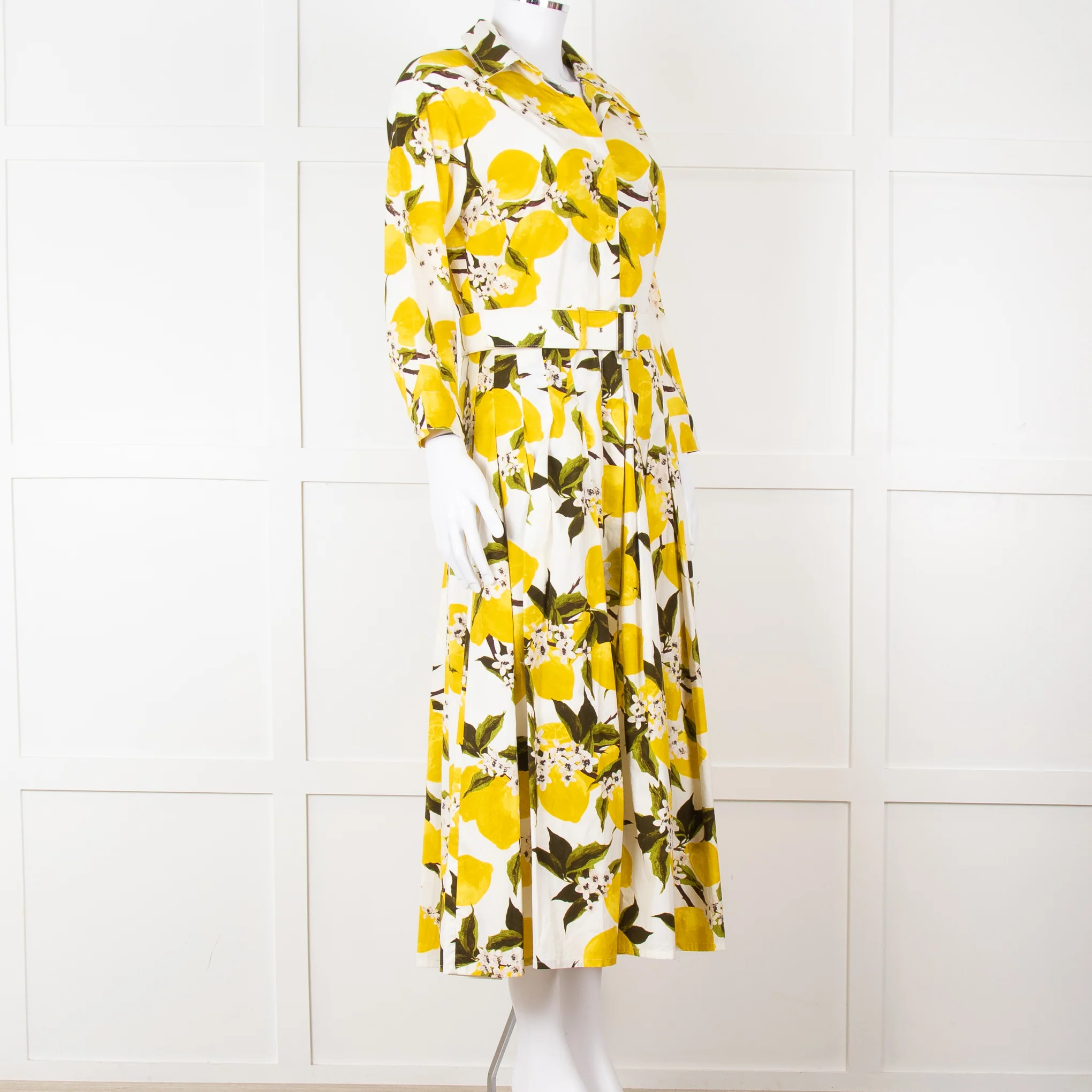Samantha Sung White Yellow Lemon Print Cotton Belted Dress - Image 8