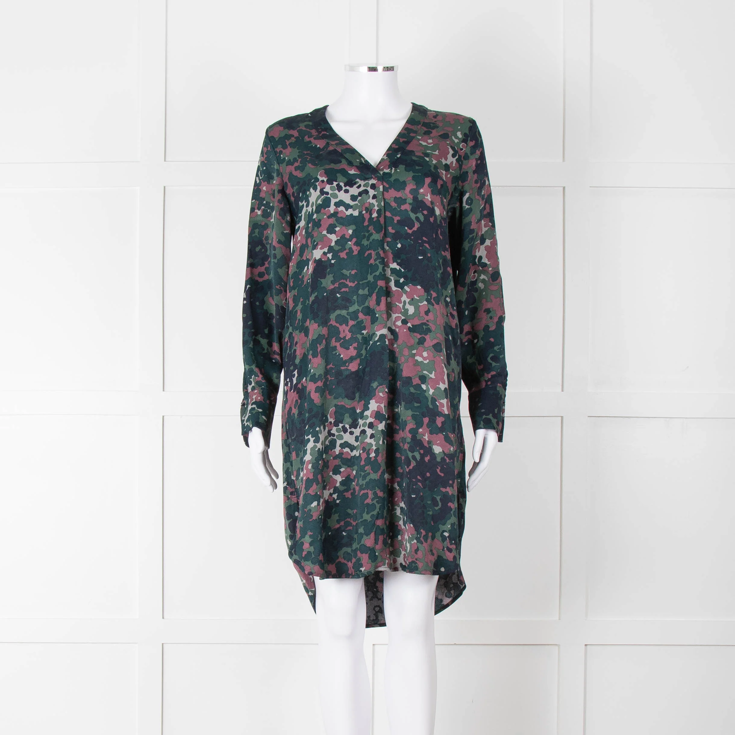 Samsoe Samsoe Green Purple Camouflage Sleeved V Neck Dress