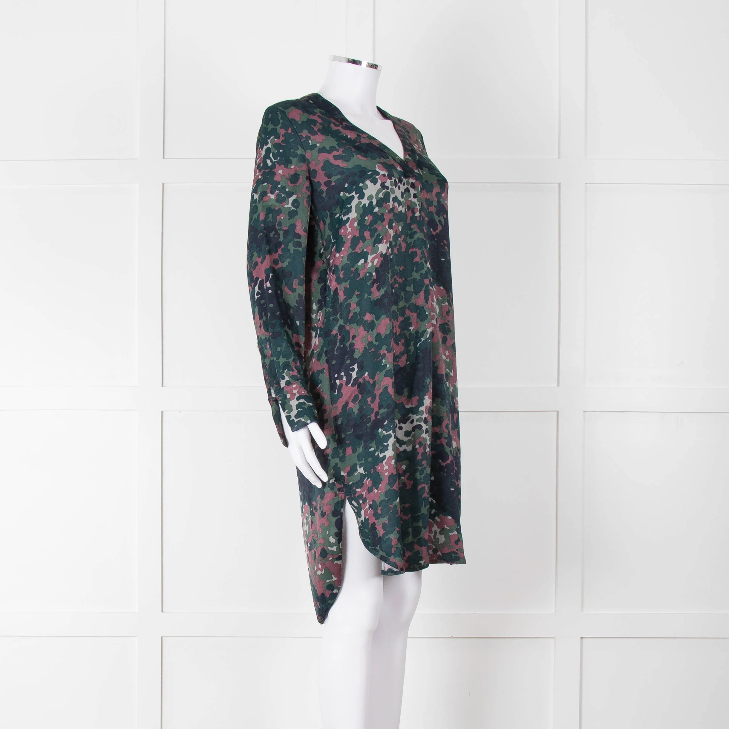 Samsoe Samsoe Green Purple Camouflage Sleeved V Neck Dress - Image 2
