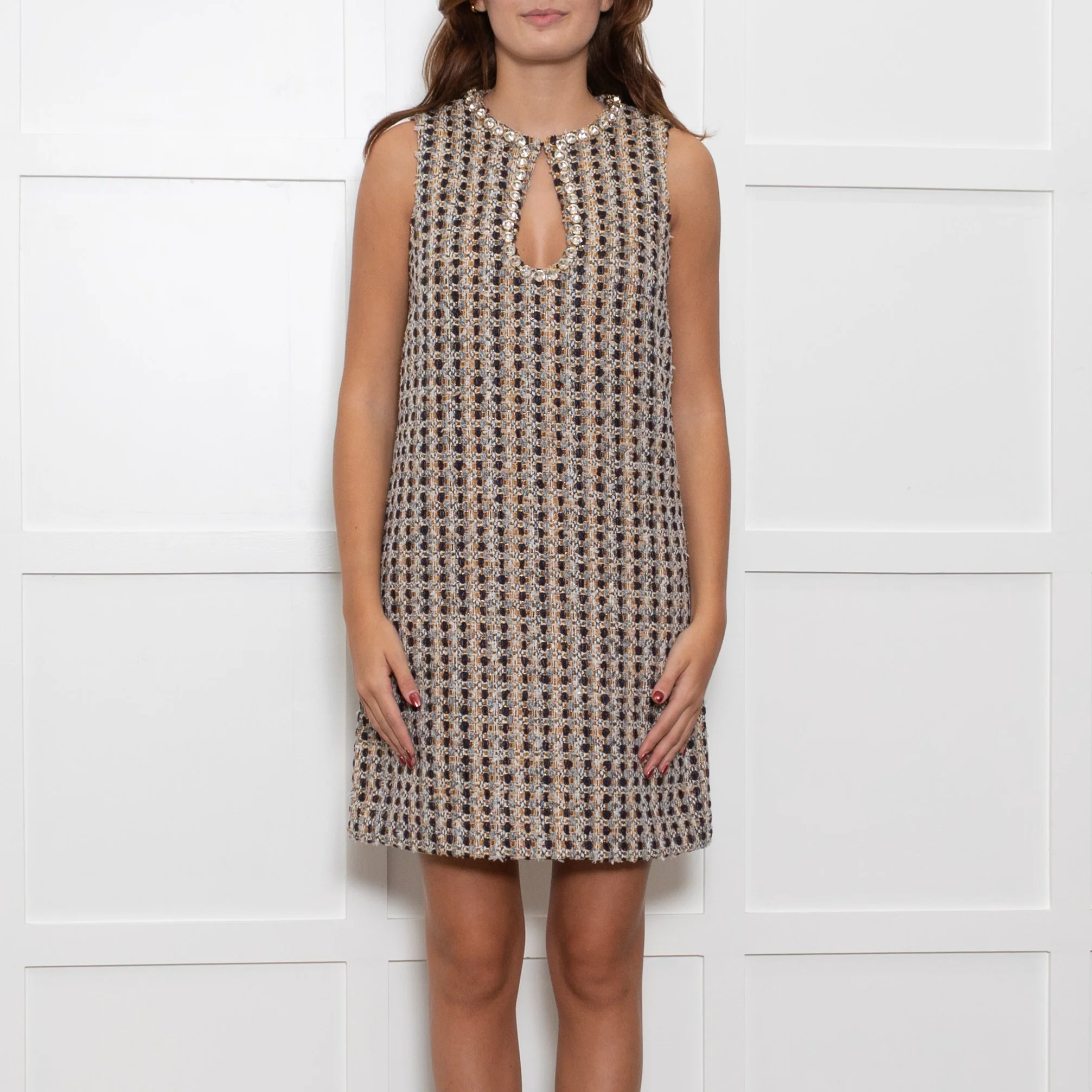 Sandro Beige Blue Tweed Diamante Neck Sleeveless Dress - Image 2