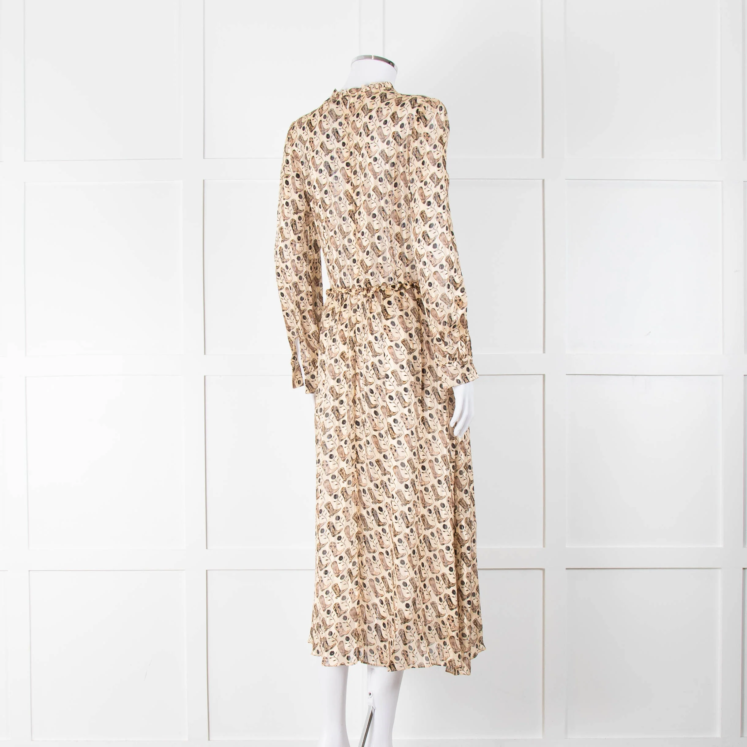 Sandro Beige Brown Boot Print Long Sleeve Dress - Image 4