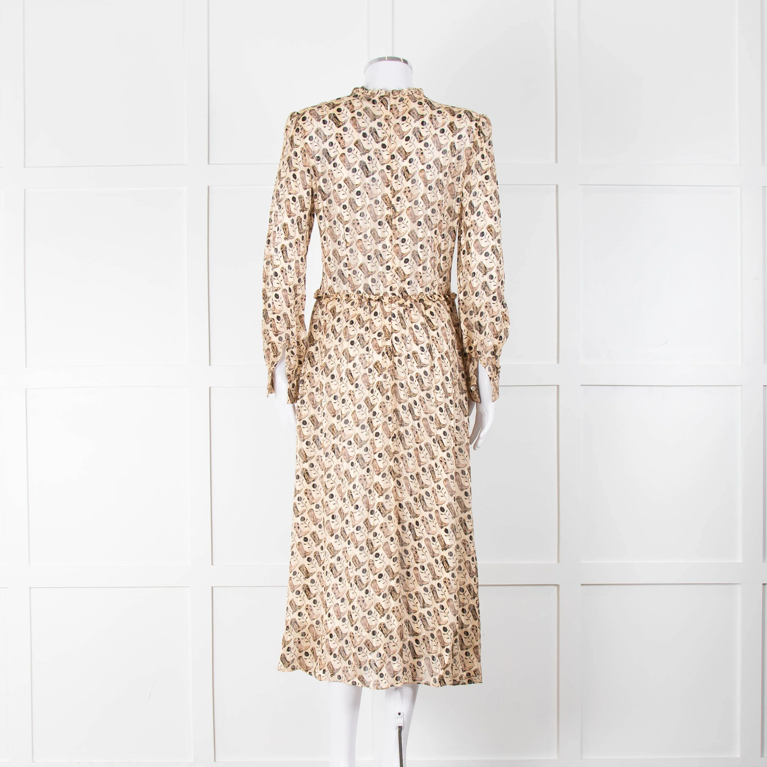 Sandro Beige Brown Boot Print Long Sleeve Dress - Image 5