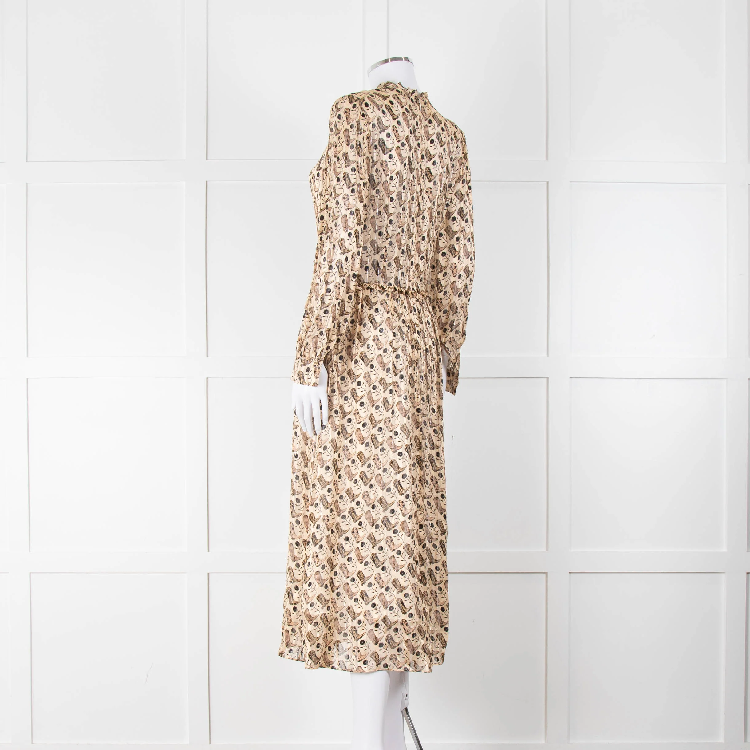 Sandro Beige Brown Boot Print Long Sleeve Dress - Image 6