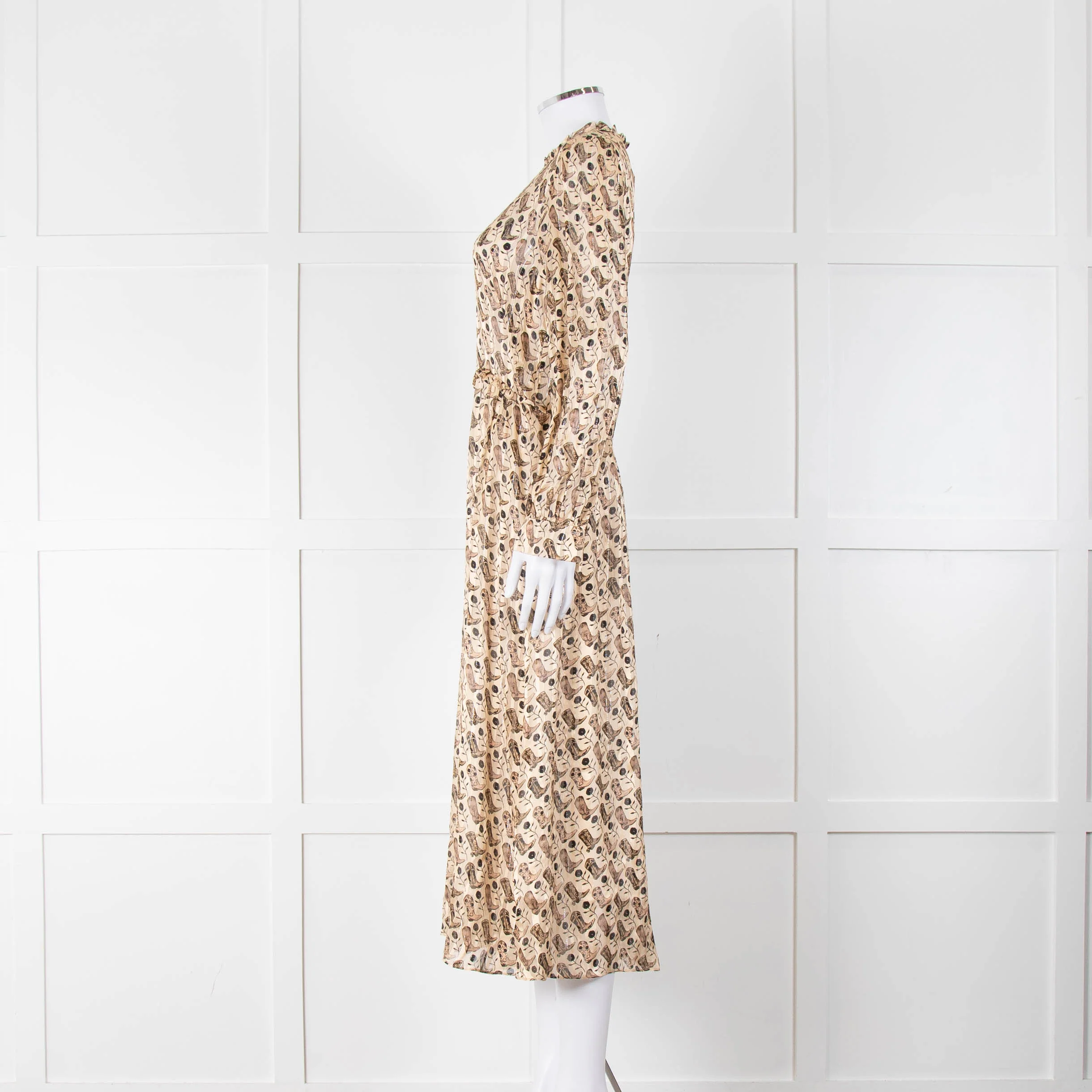Sandro Beige Brown Boot Print Long Sleeve Dress - Image 7