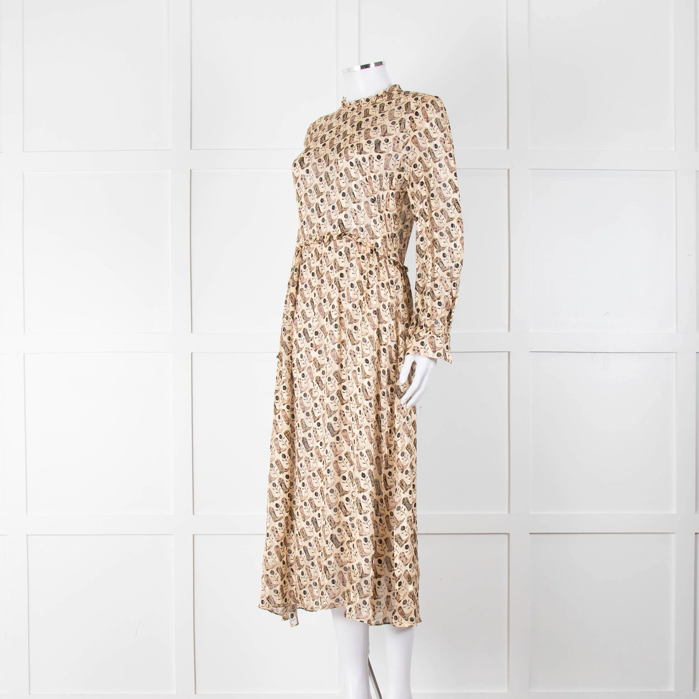 Sandro Beige Brown Boot Print Long Sleeve Dress - Image 8