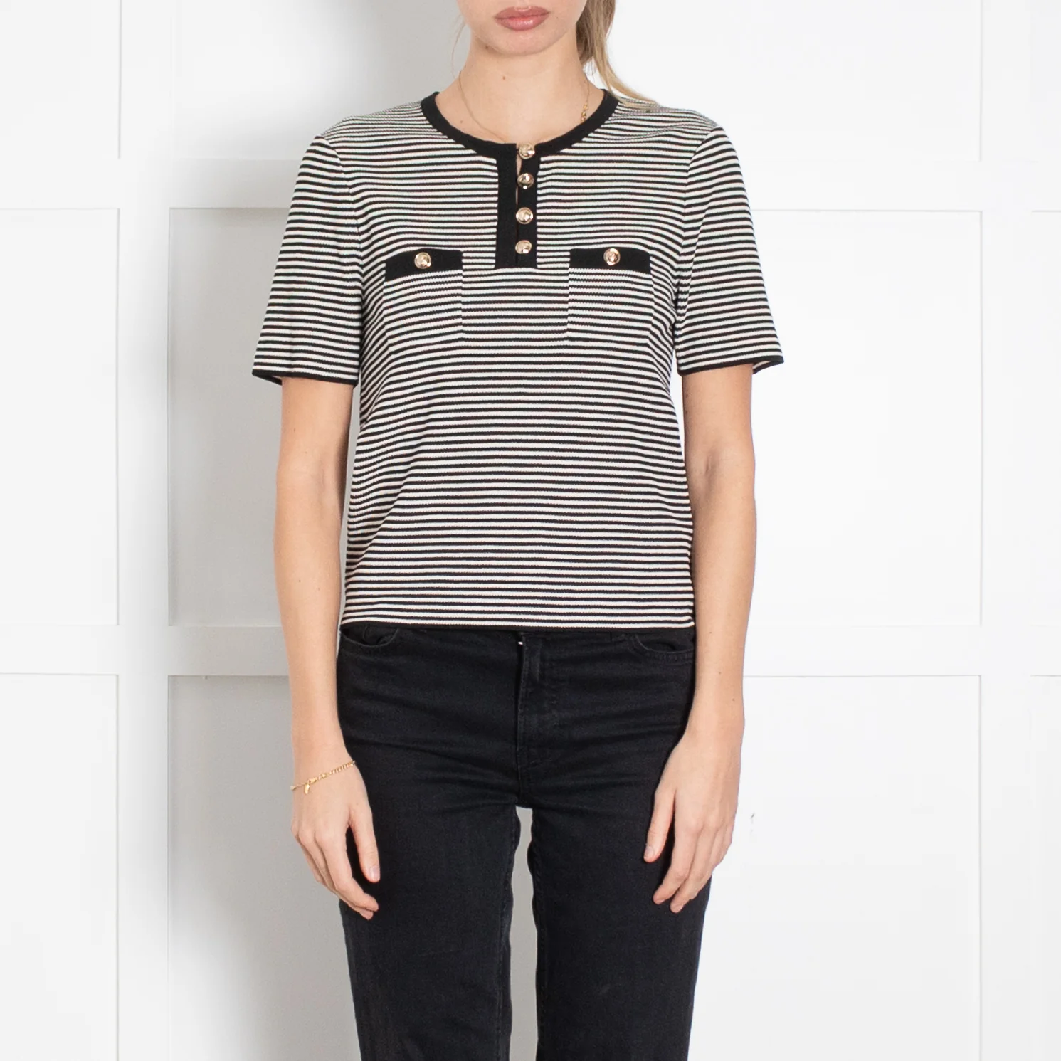 Sandro Black And Cream Stripe Short Sleeve Top With Gold Buttons - Image 2
