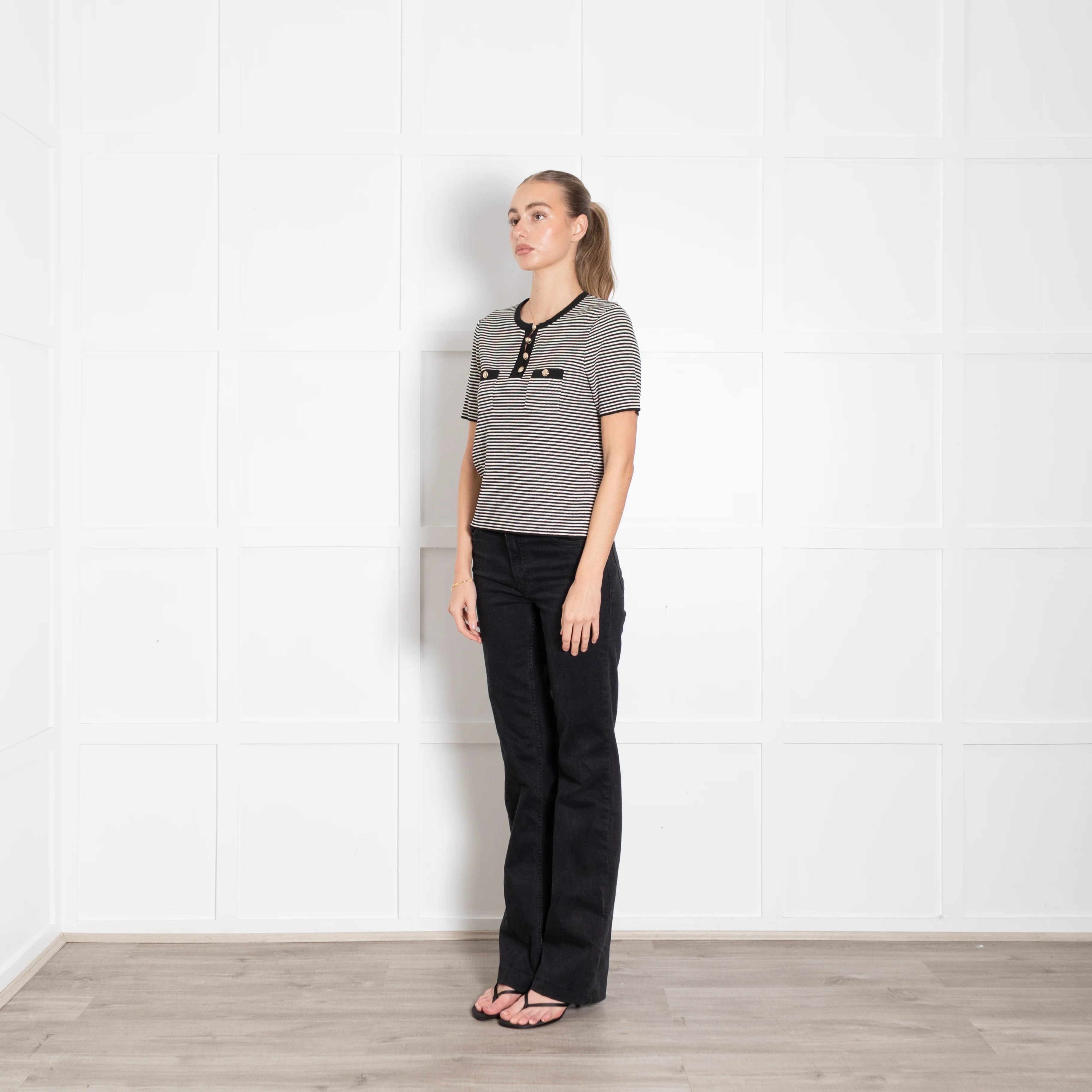 Sandro Black And Cream Stripe Short Sleeve Top With Gold Buttons - Image 3