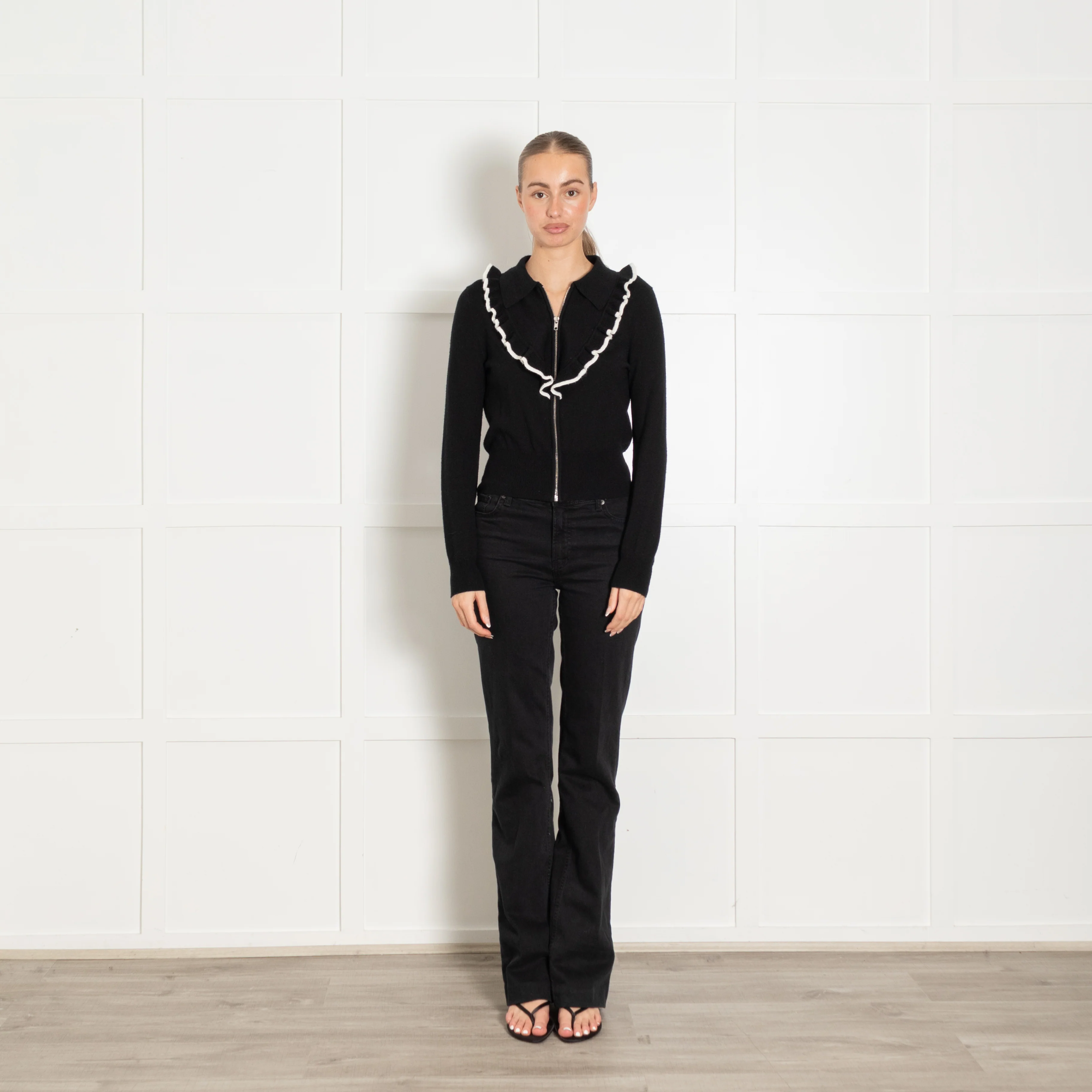Sandro Black Cream Frill Collar Zip Cardigan
