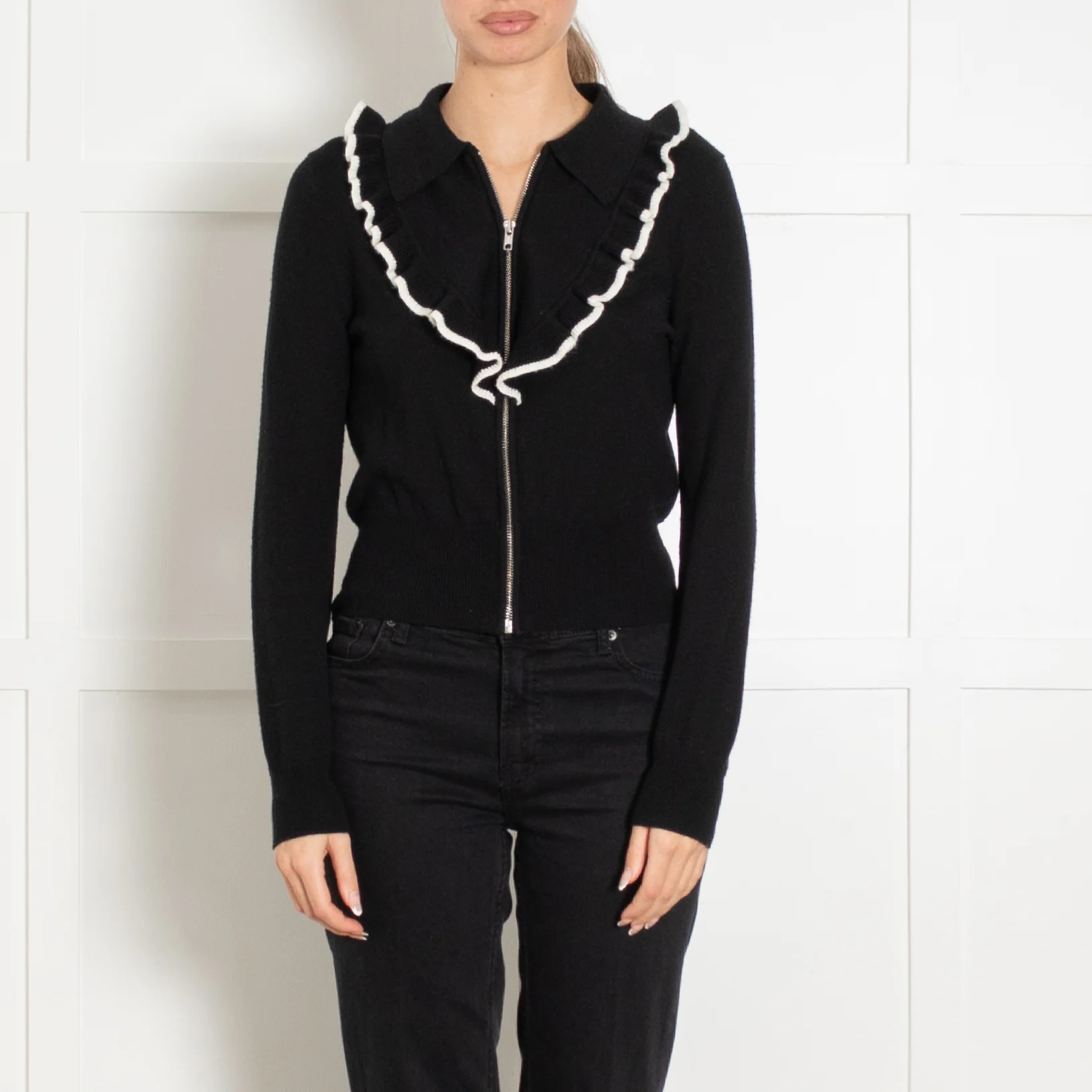 Sandro Black Cream Frill Collar Zip Cardigan - Image 2
