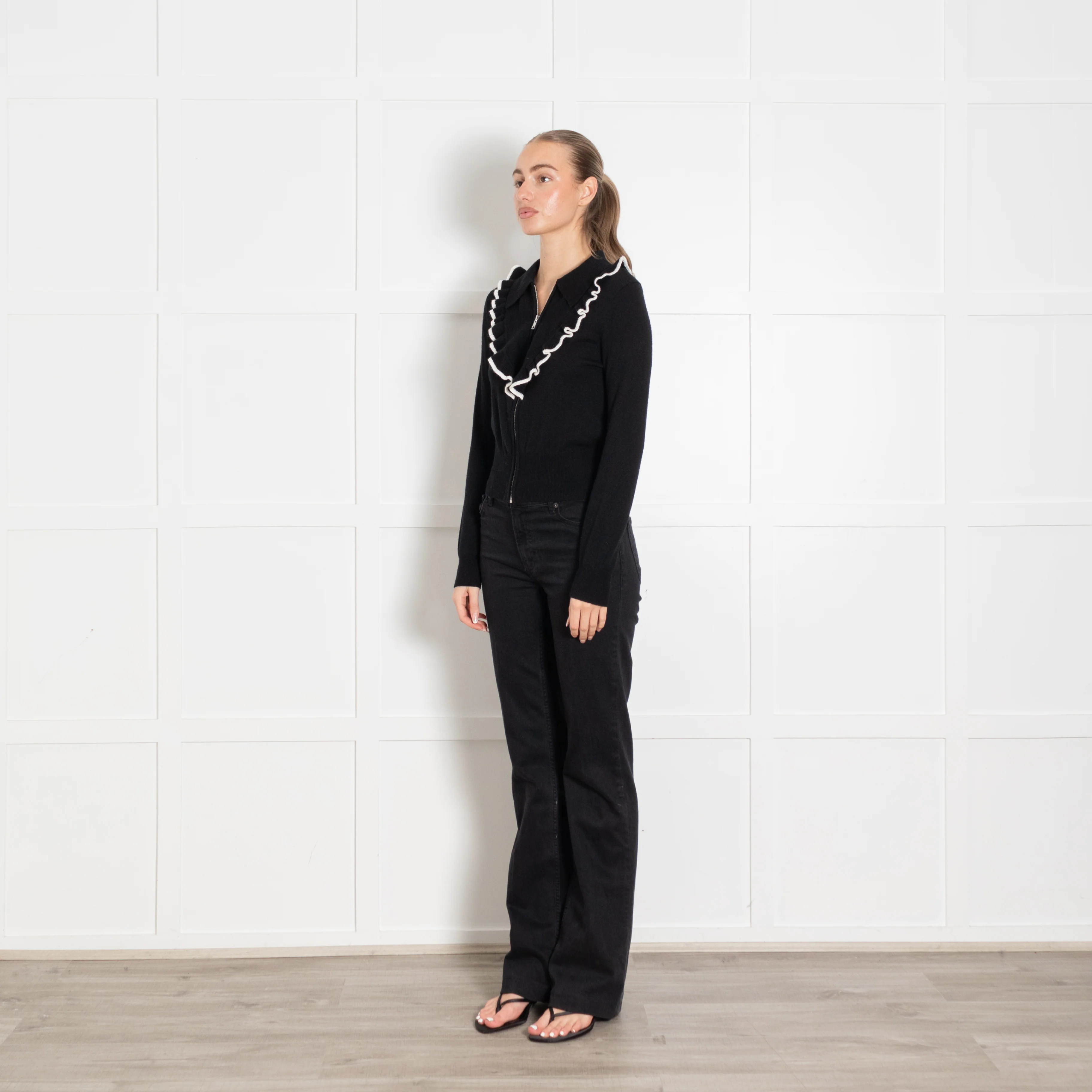 Sandro Black Cream Frill Collar Zip Cardigan - Image 3