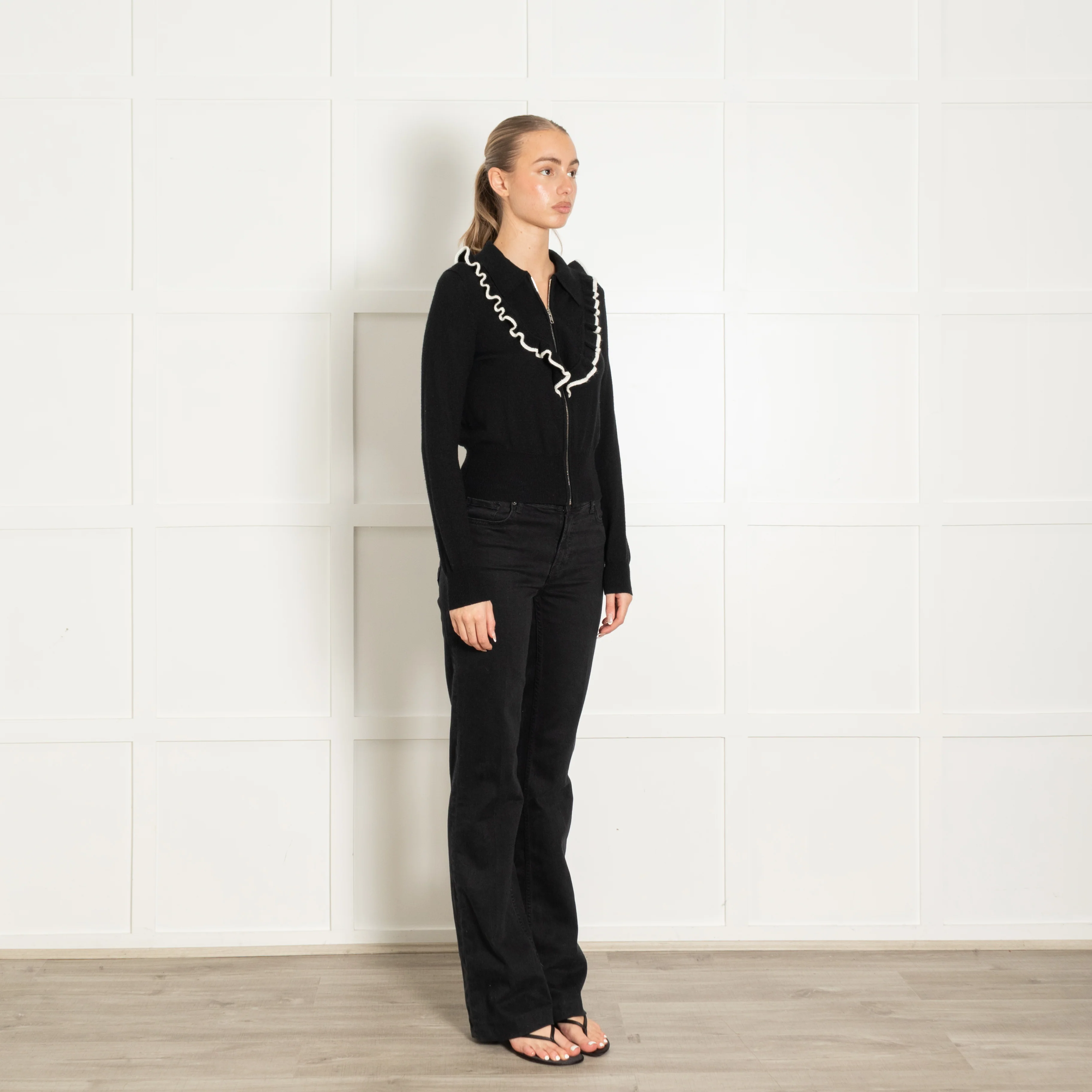 Sandro Black Cream Frill Collar Zip Cardigan - Image 7