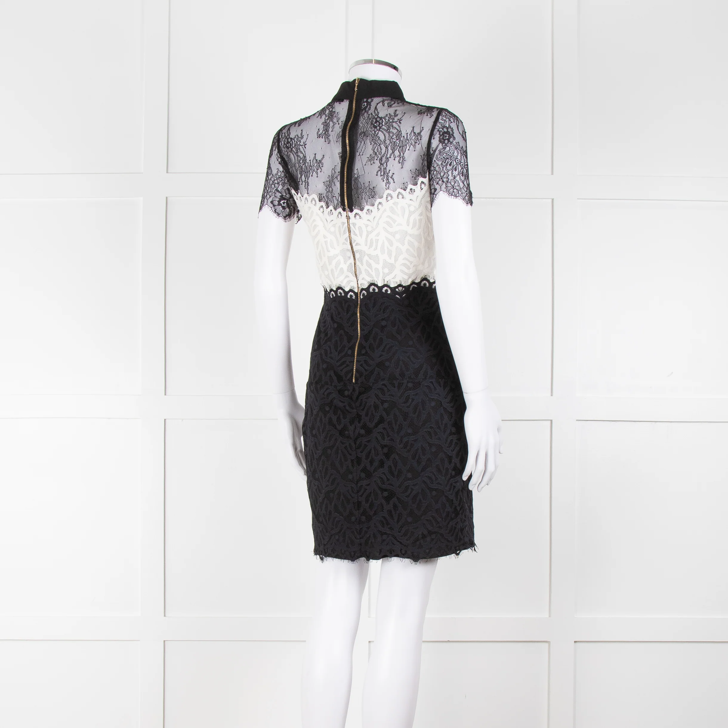 Sandro Black Cream Lace Short Sleeve Dress - Image 4