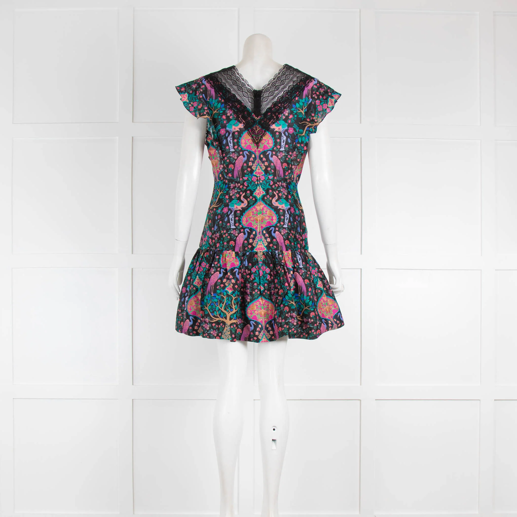Sandro Black Floral Pattern Lace V Neck Mini Dress