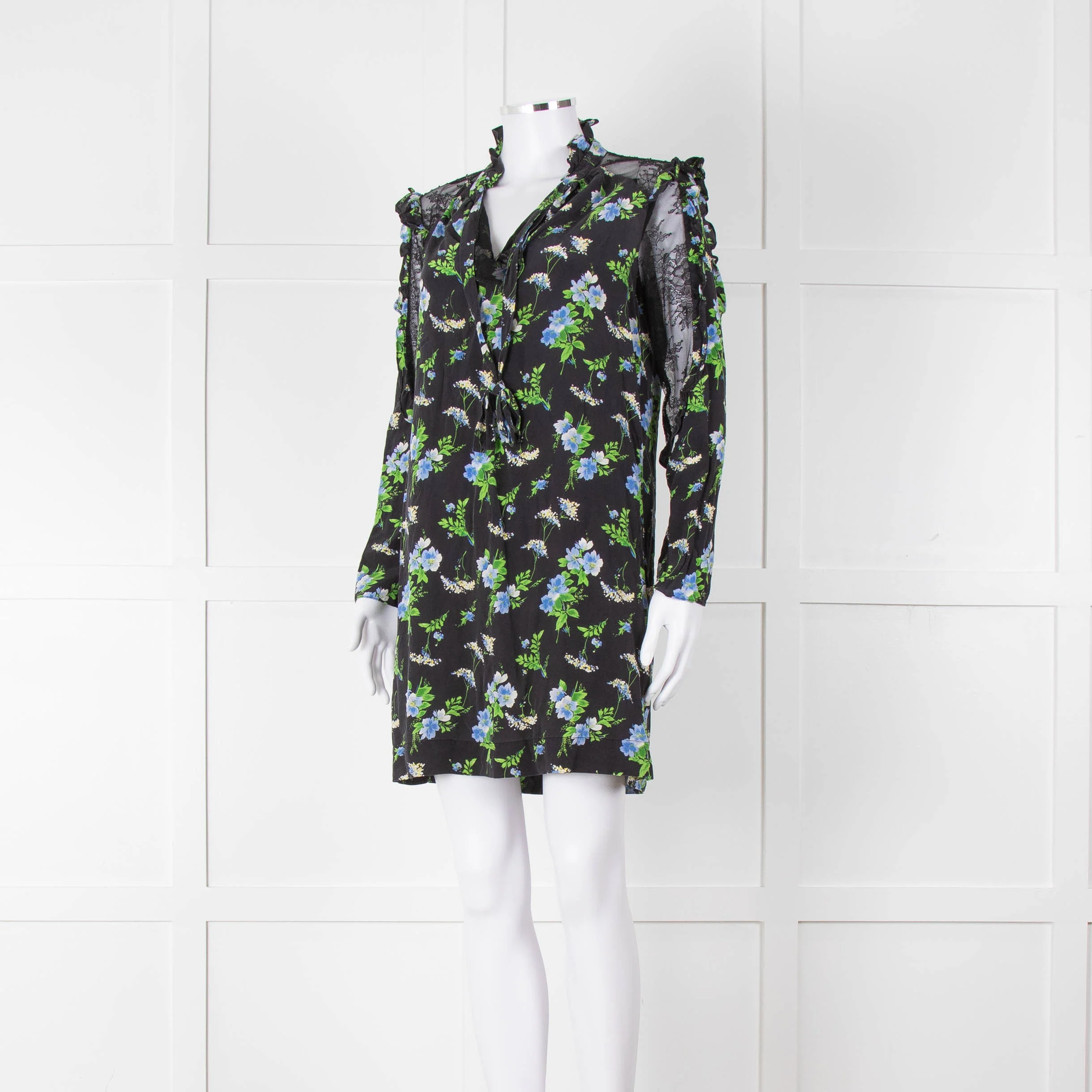 Sandro Black Green Blue Floral Lace Sleeves Mini Tunic - Image 8