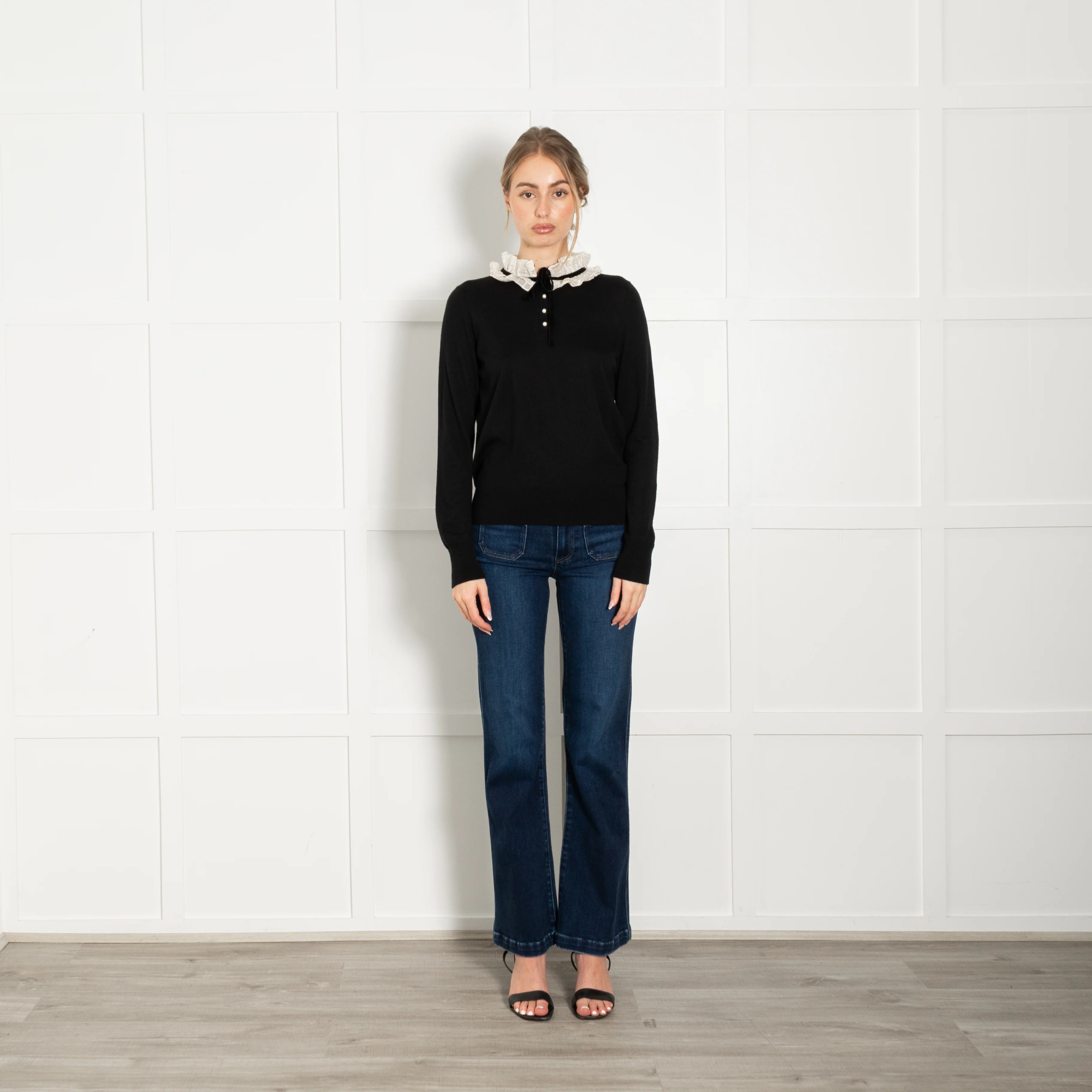 Sandro Black Jumper Cream Gold Frill Pearl Buttons Velvet Tie