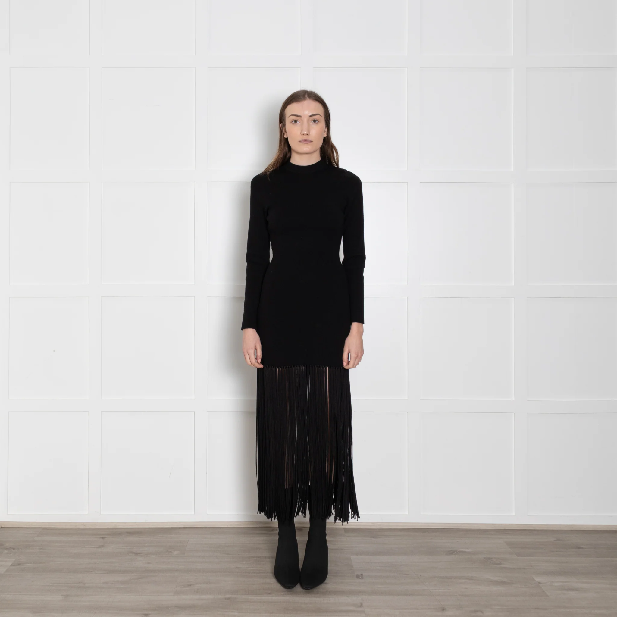 Sandro Black Knit Dress With Long Fringe Hem