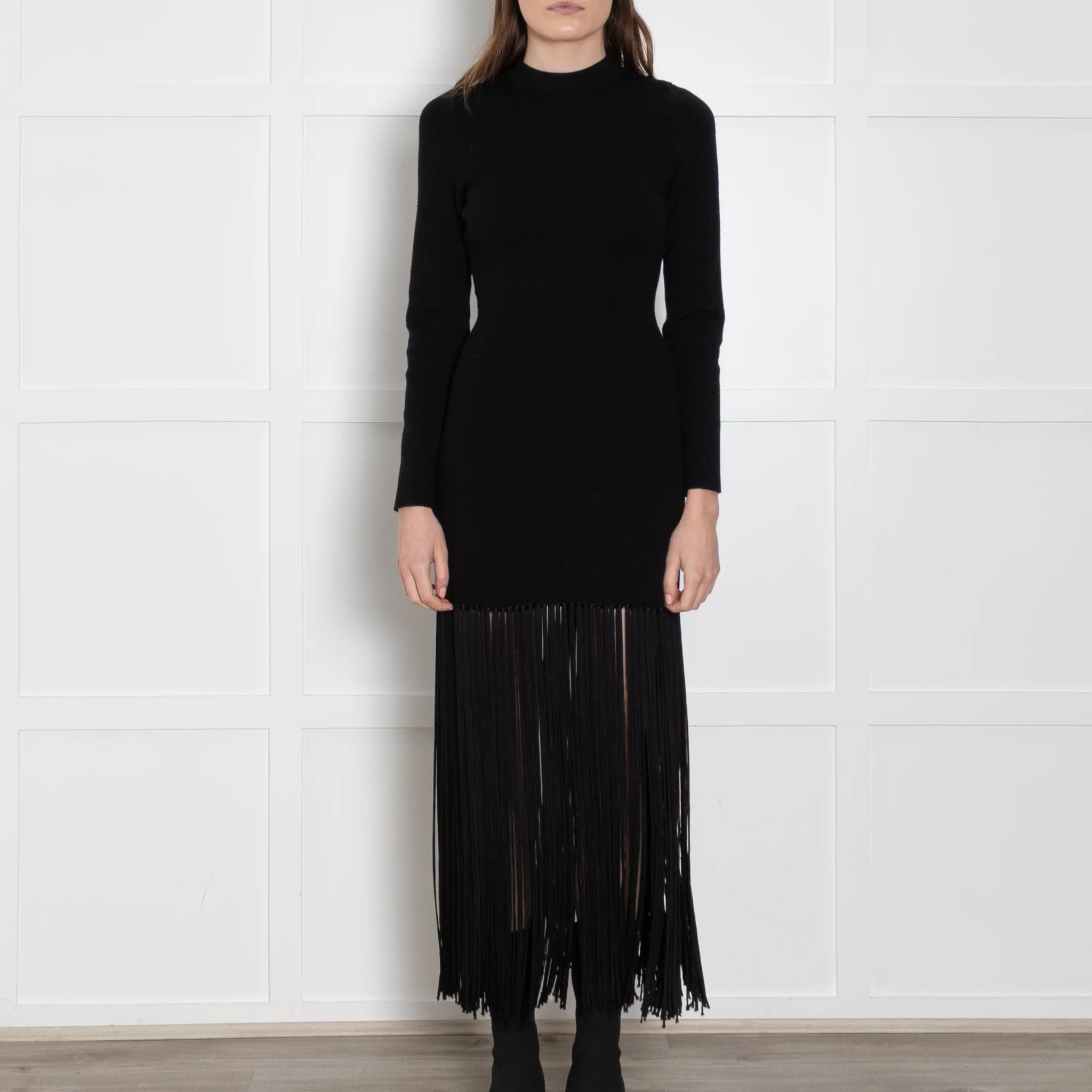Sandro Black Knit Dress With Long Fringe Hem - Image 2