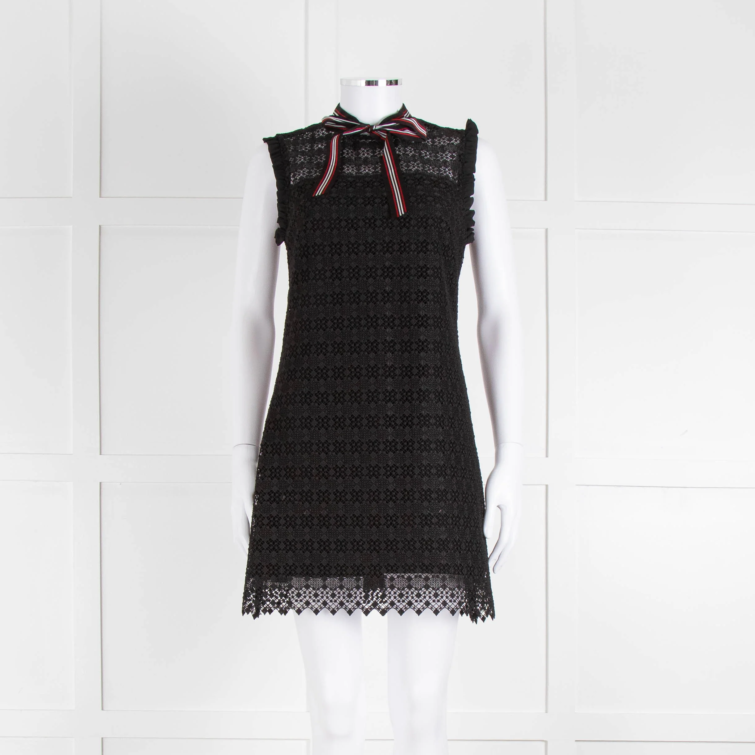 Sandro Black Lace High Neck Shift Dress with Red Tie Neck