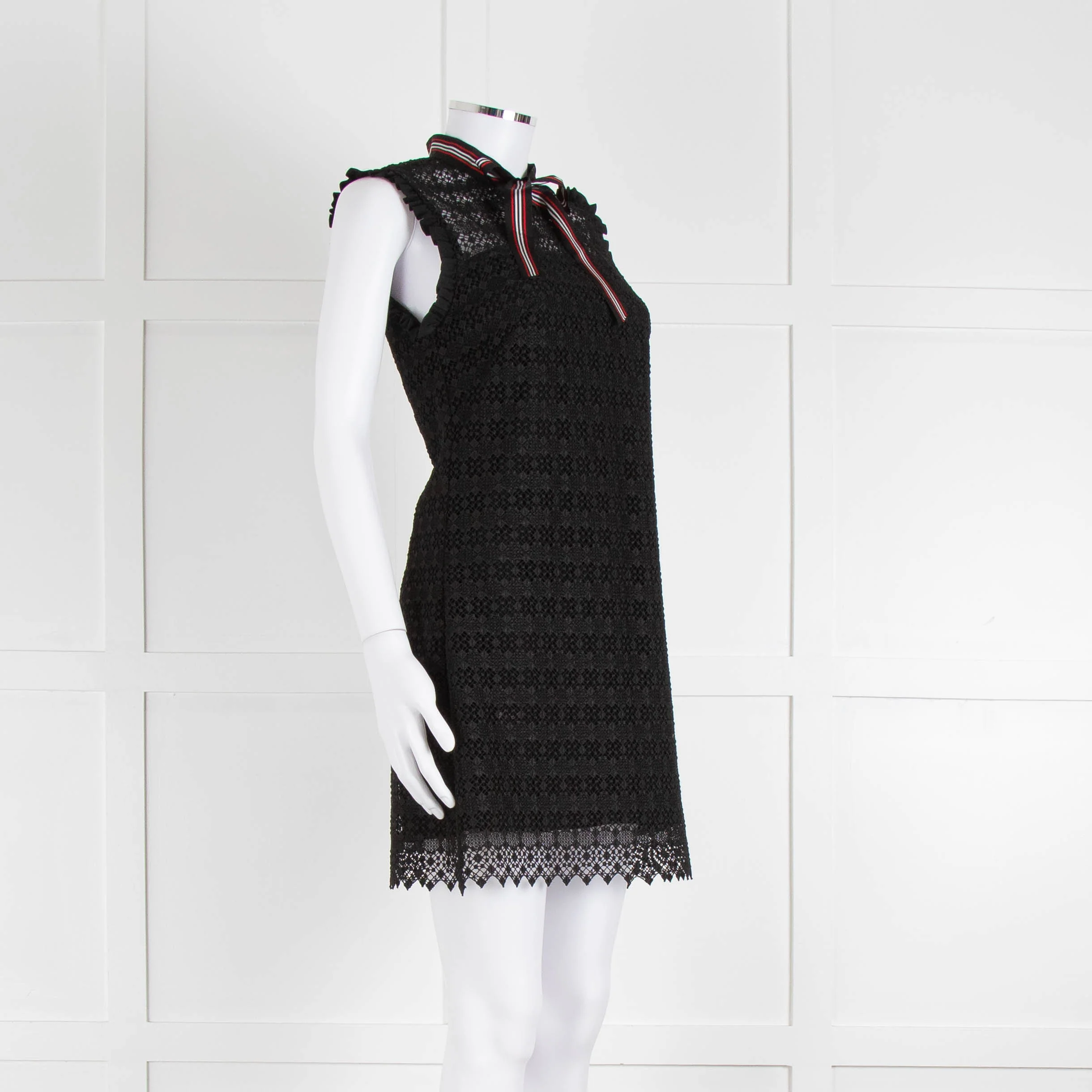 Sandro Black Lace High Neck Shift Dress with Red Tie Neck - Image 2