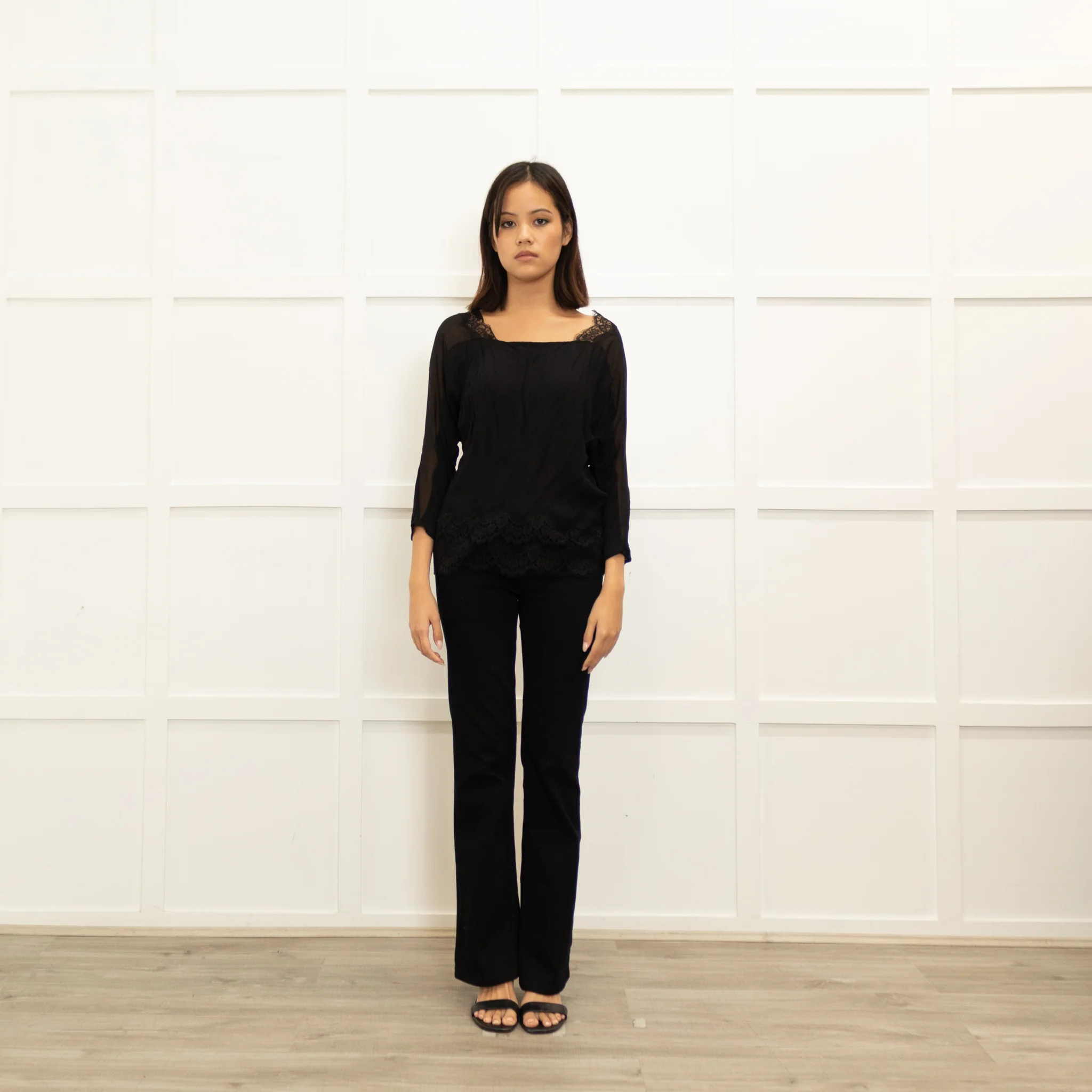 Sandro Black Lace Trim V-Neck Top