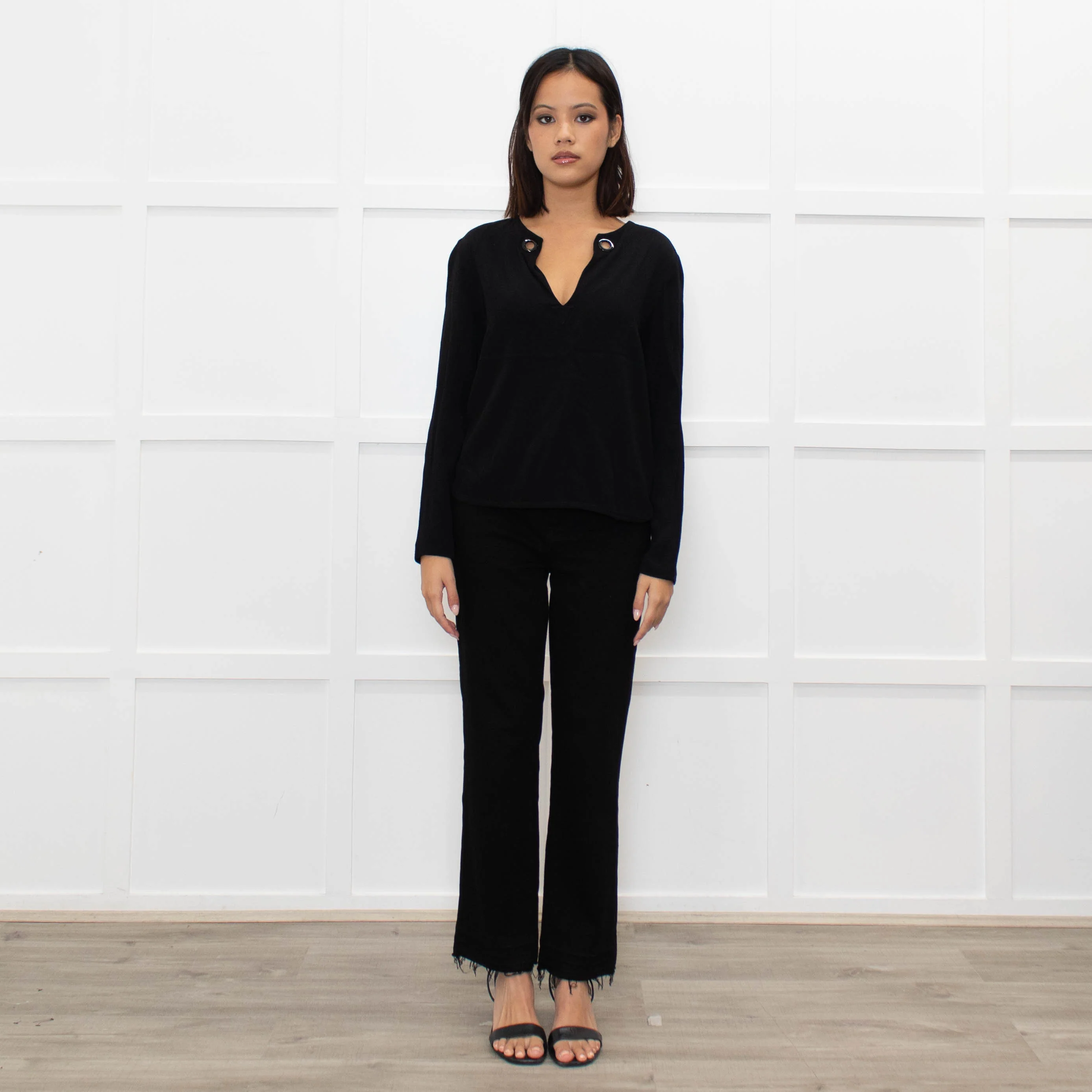 Sandro Black long sleeve V Neck Top