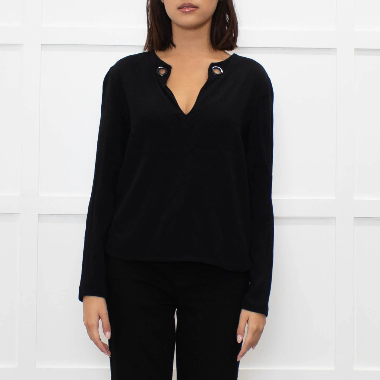 Sandro Black long sleeve V Neck Top - Image 2