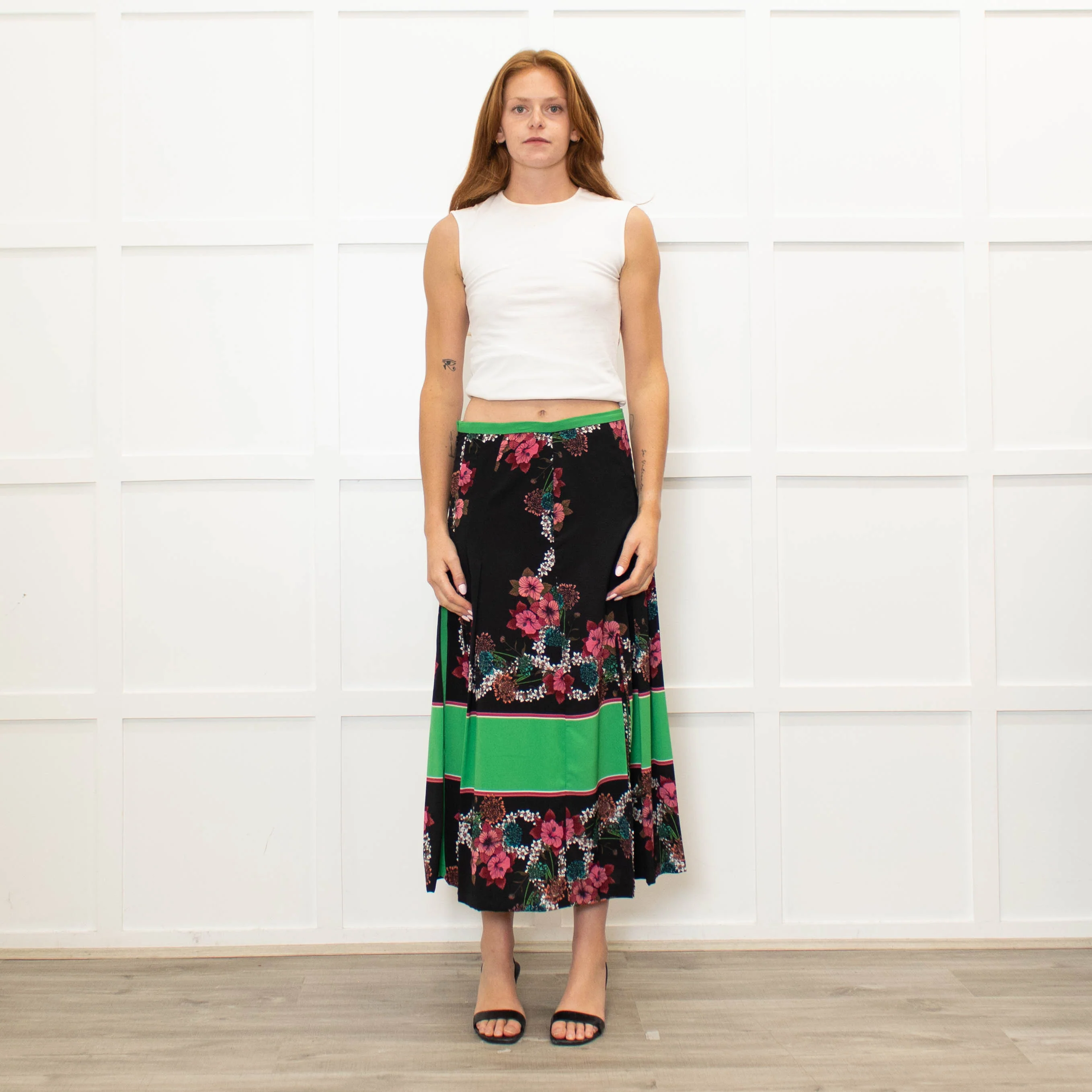 Sandro Black Pleated Floral Midi Skirt