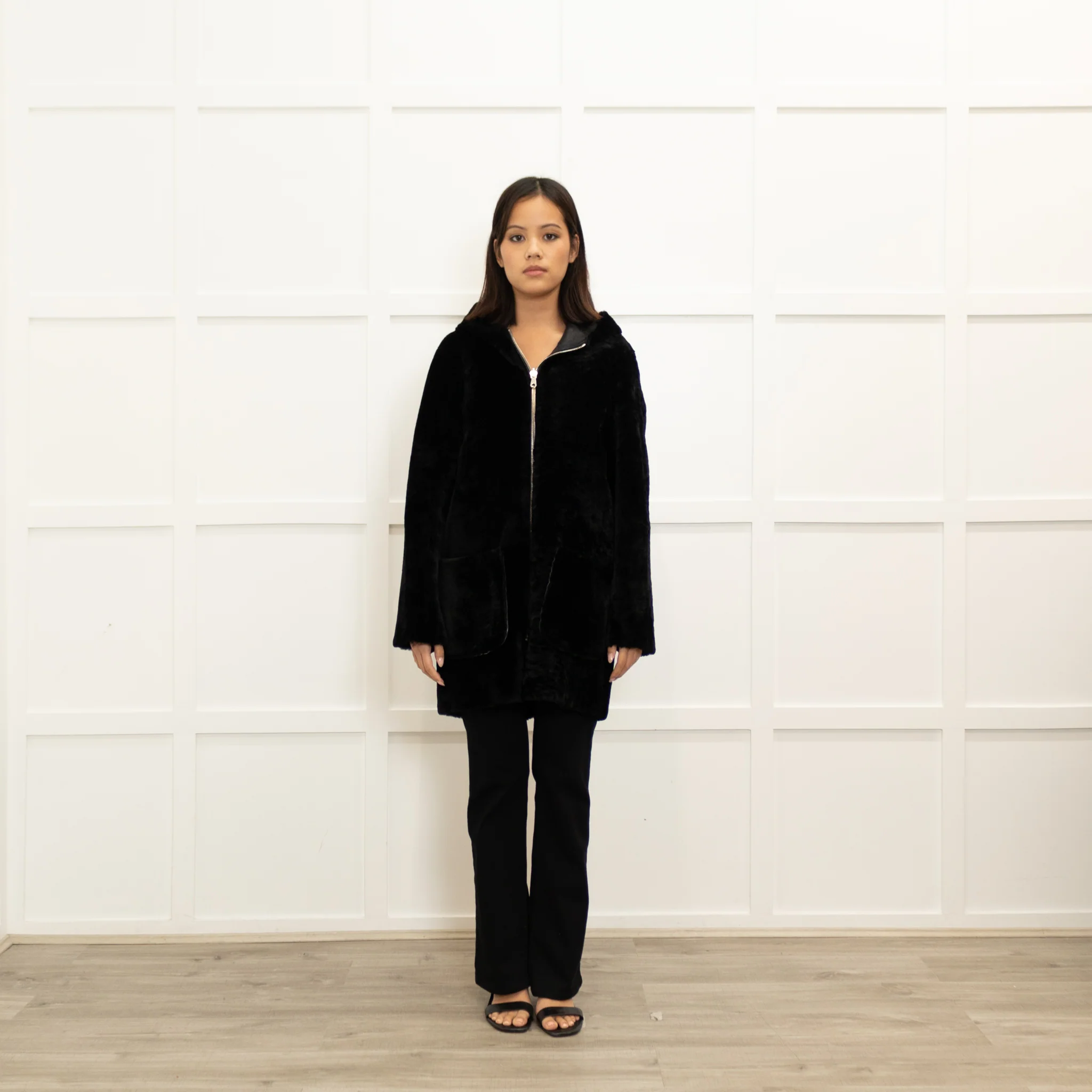Sandro Black Reversible Soft Shearling Hooded Coat