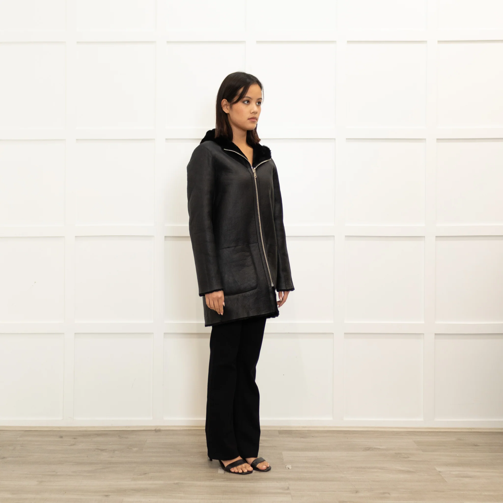 Sandro Black Reversible Soft Shearling Hooded Coat - Image 10