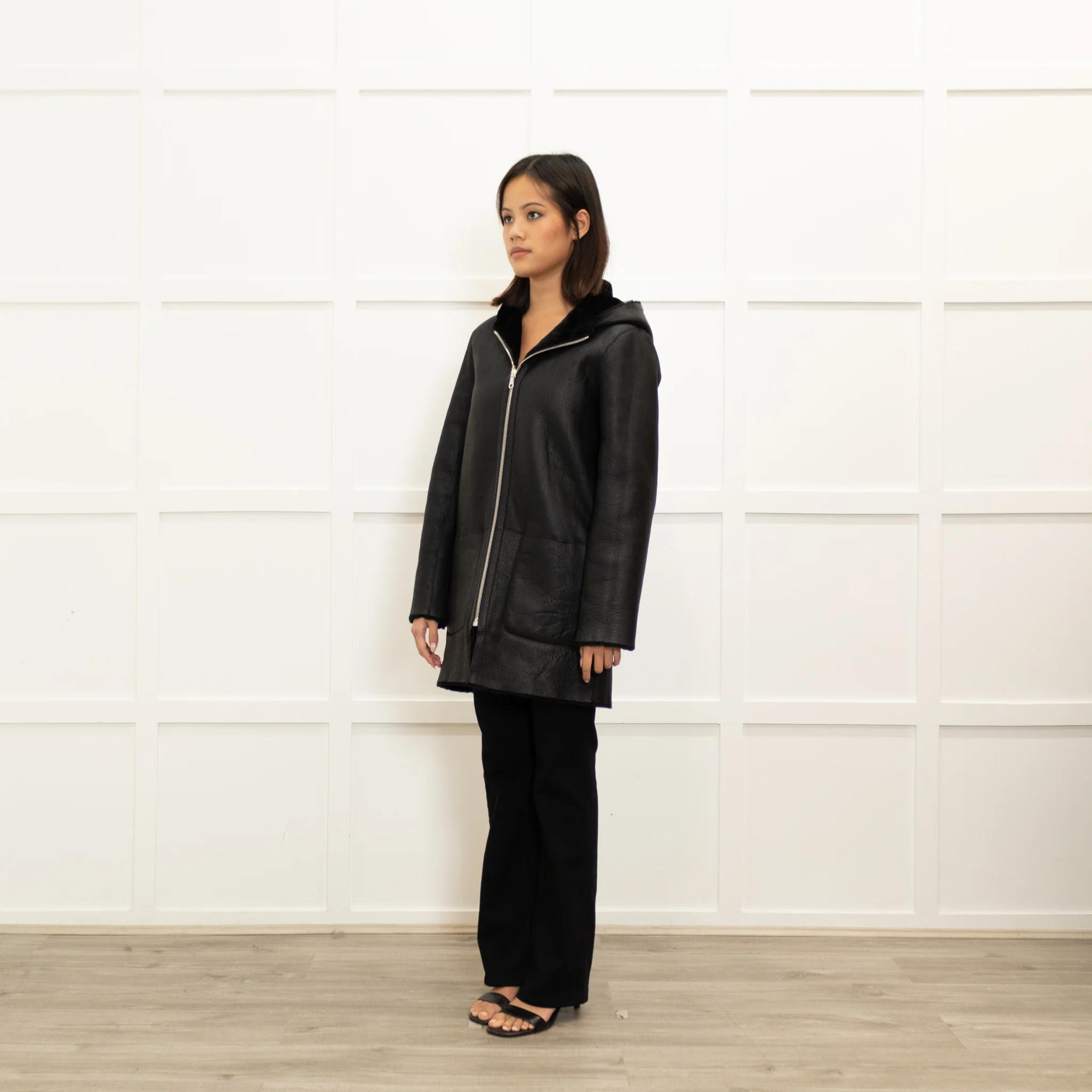 Sandro Black Reversible Soft Shearling Hooded Coat - Image 14