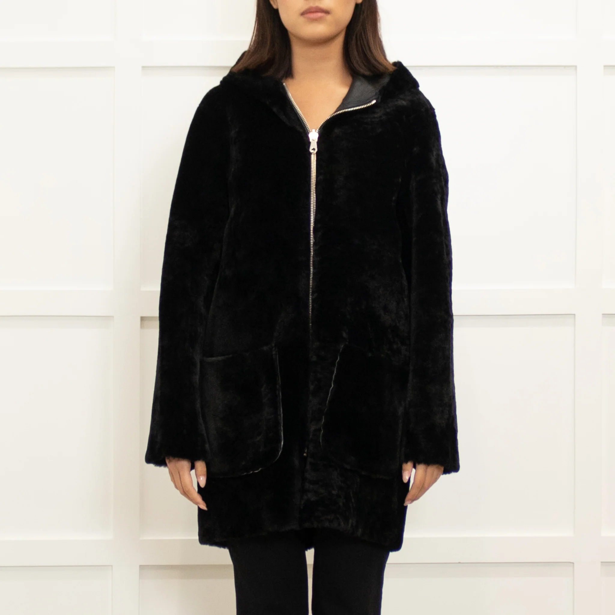 Sandro Black Reversible Soft Shearling Hooded Coat - Image 2
