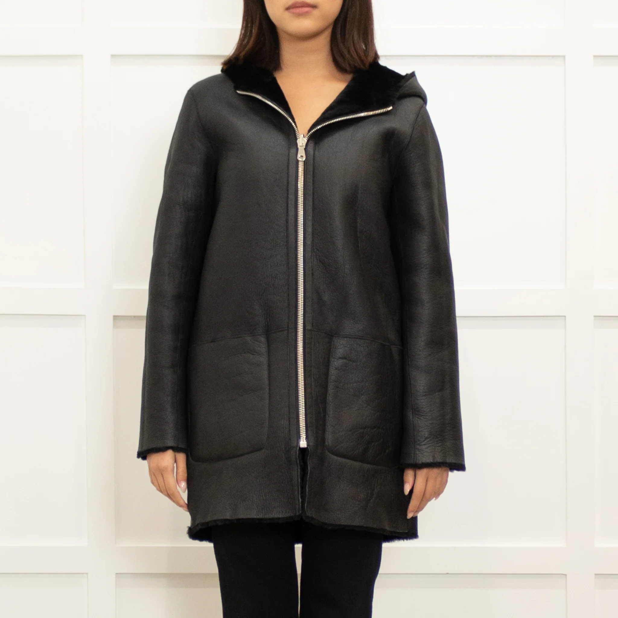 Sandro Black Reversible Soft Shearling Hooded Coat - Image 3