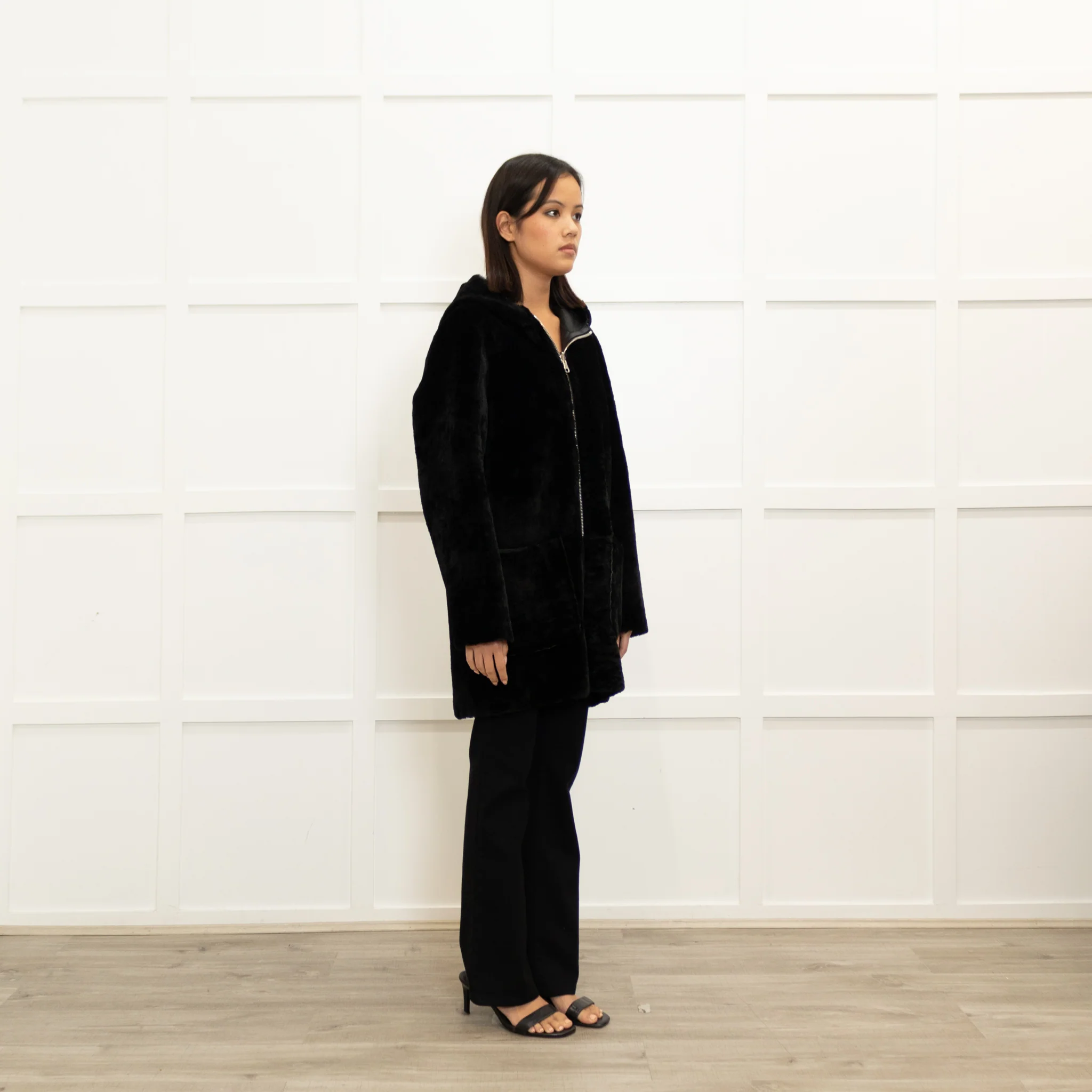 Sandro Black Reversible Soft Shearling Hooded Coat - Image 4